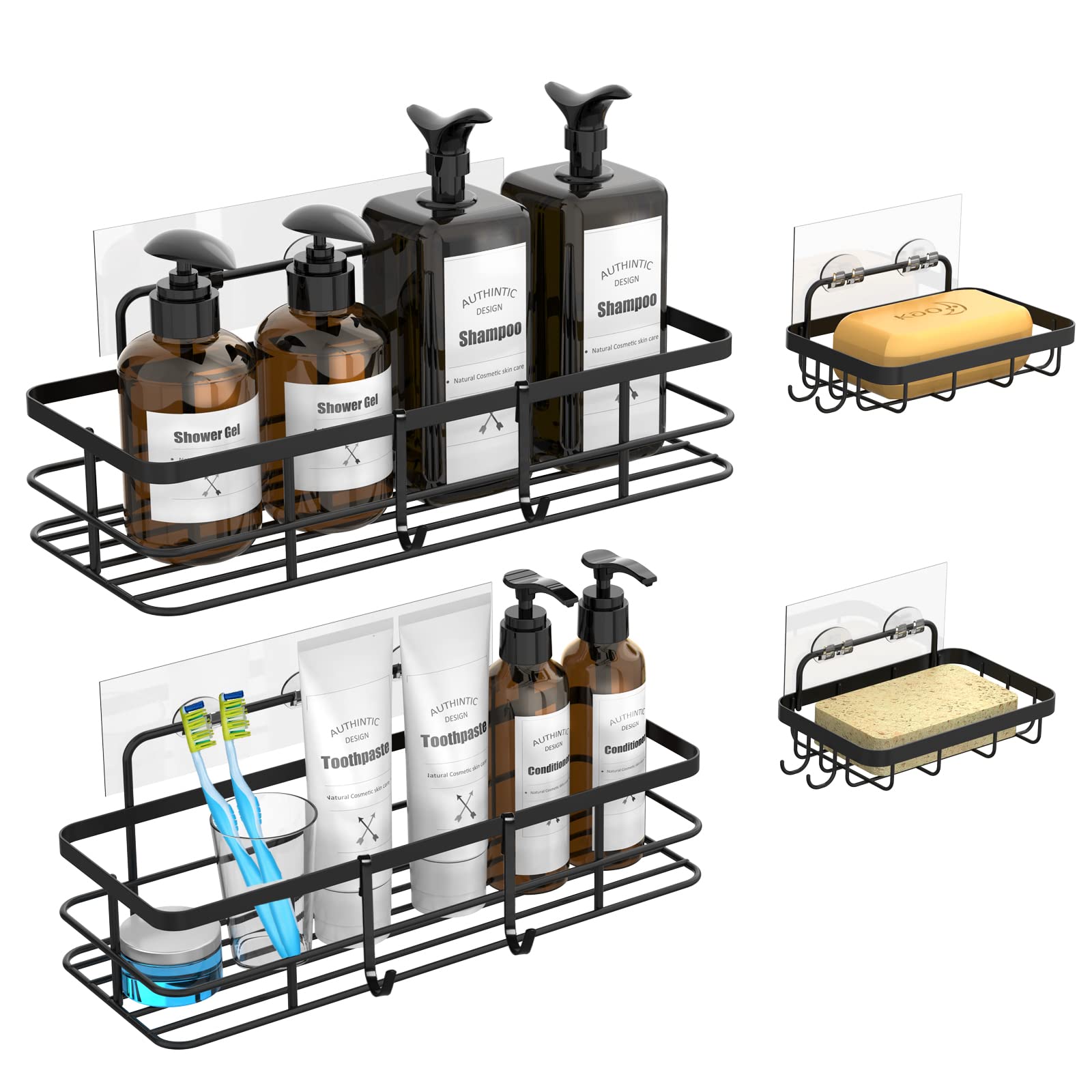 Shower Caddy Shelf Organizer 2 Pack with 2 Soap Dishes, NXPOY Adhesive Bathroom Shower Shelves Basket with 4 Hooks, 304 Rust Proof No Drilling Wall Mount Storage Accessories for Bathroom Kitchen - (Black)