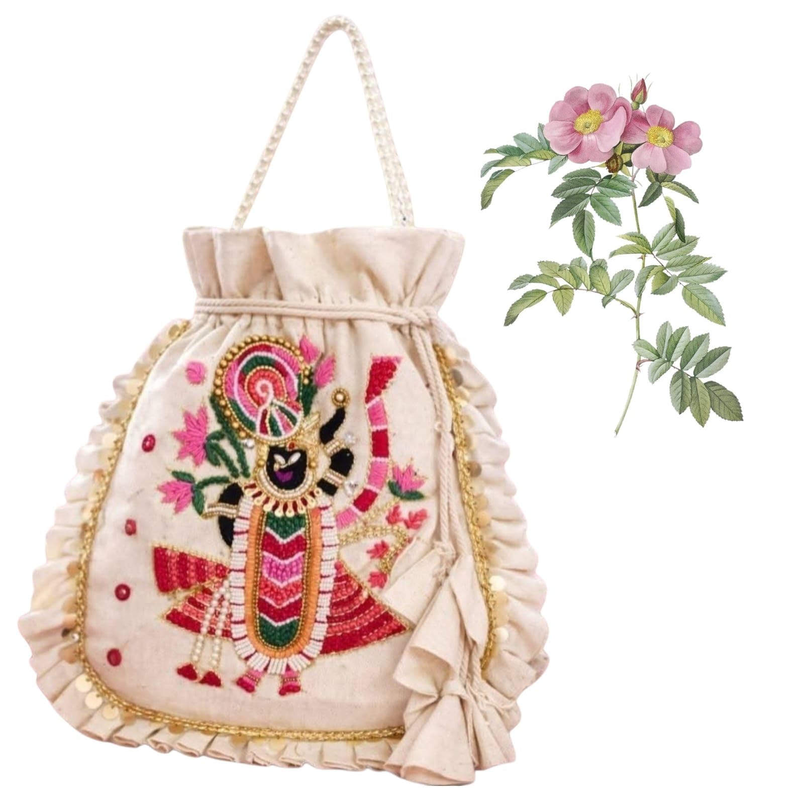 Embroidered Potli Bag for Women | Shrinathji Design Drawstring Potli Purse with Ruffle Border | Ethnic Wedding Handbag for Bridal, Festive, Puja, Party & Return Gift-image-41