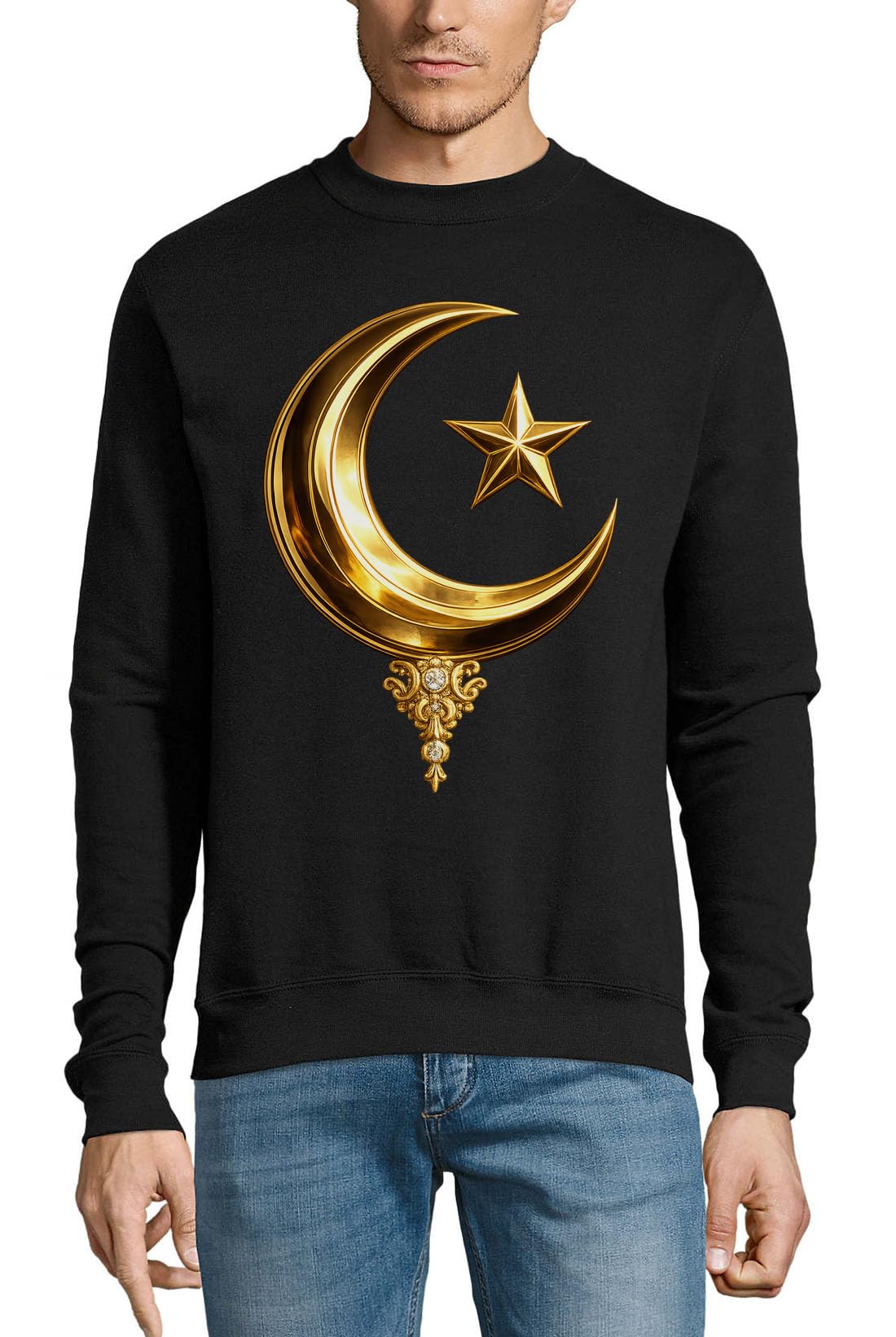 Maglione in cotone con simbolo luna crescente dorata e stella nero
