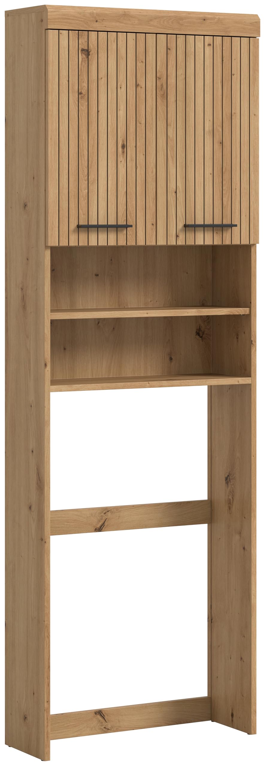 xonox.home – Waschmaschinenüberbau Scout 63x191x24 cm in Artisan & Schwarz – Überbauschrank mit 2 Türen & offenen Fächern – Passend für alle gängigen Waschmaschinen zur optimalen Platznutzung im Bad