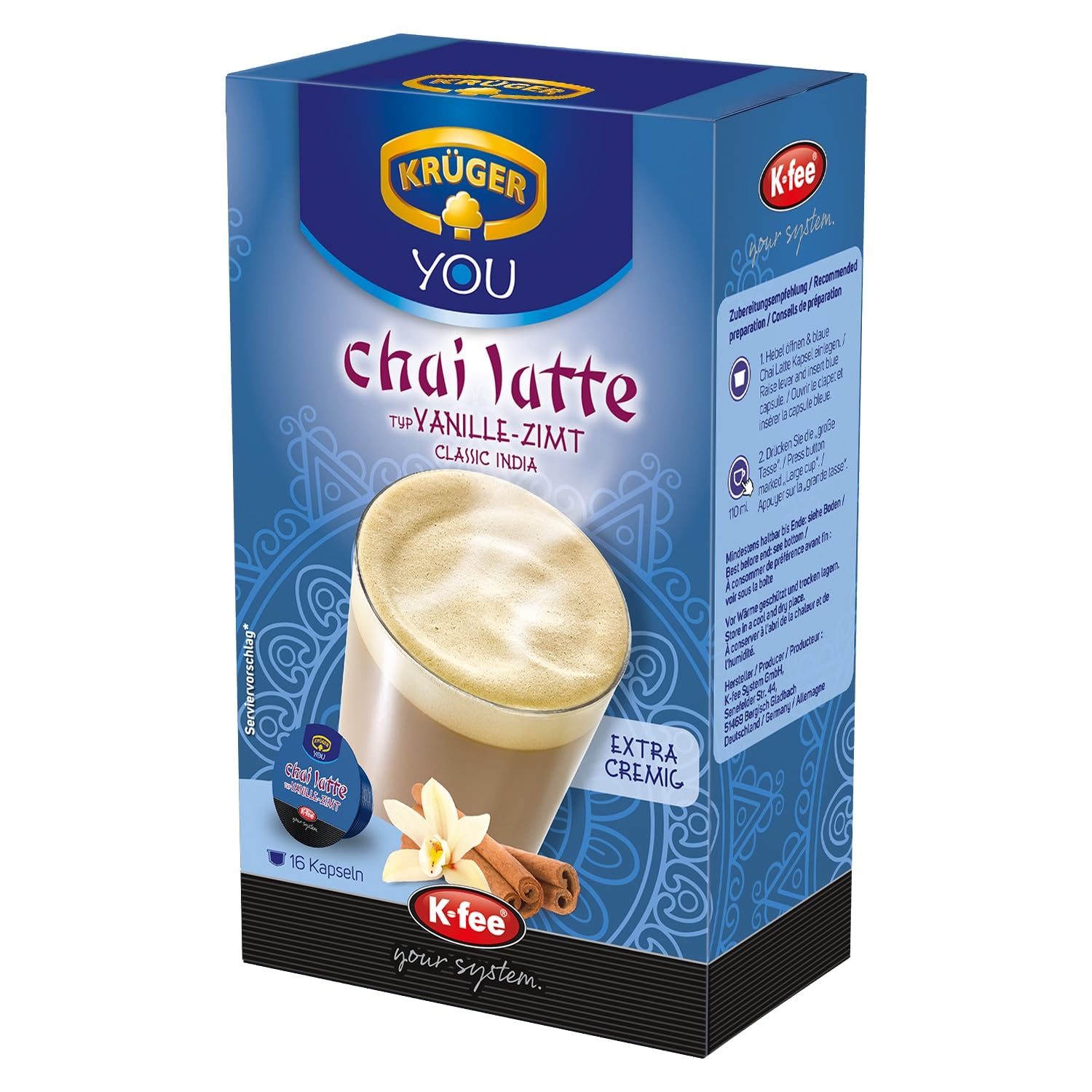 KRÜGER Chai Latte Vanille-Zimt Kapseln, kompatibel mit K-fee und ALDI EXPRESSI* Kapselmaschinen, Instantzubereitung für Milchtee, 96 Kapseln