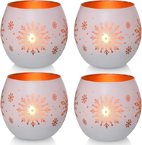 Juego de 4 portavelas de cristal, copos de nieve, dorado y blanco, velas votivas de té de Navidad para decoración de invierno, centros de mesa de