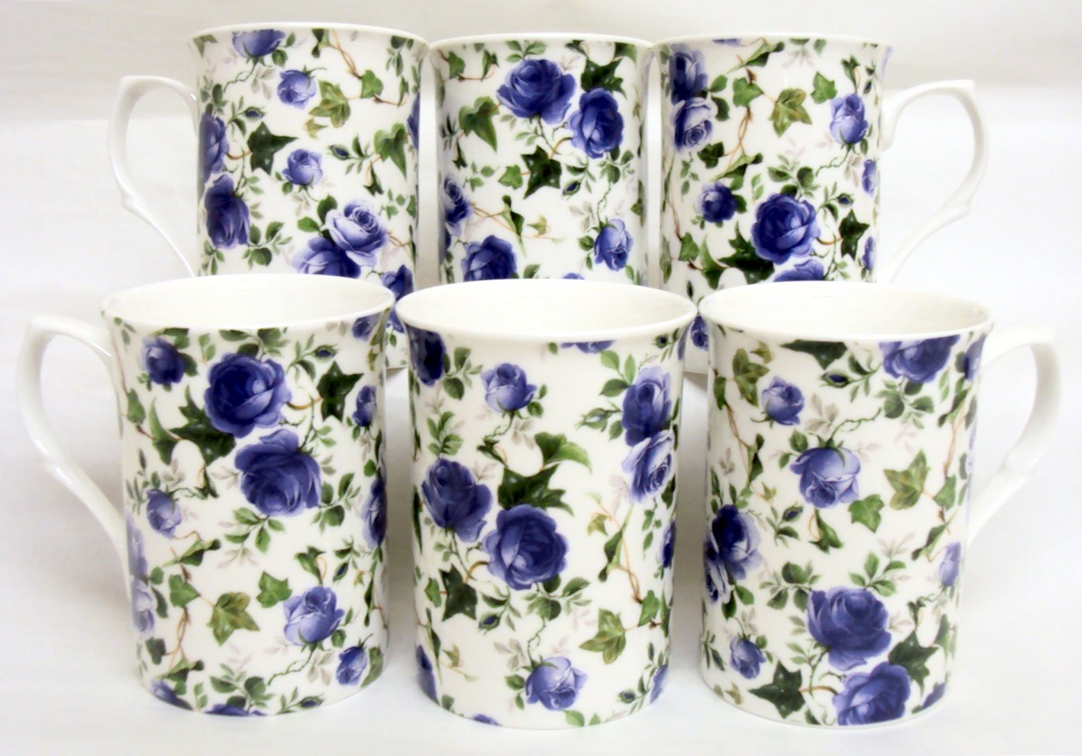Fromeuropewithlove White,Rose,Rose Blue Ivy Rose Mugs Set Of Six Fine Bone China Blue Roses Flowers Mugs Hand Decorated In The Uk Free Uk Delivery