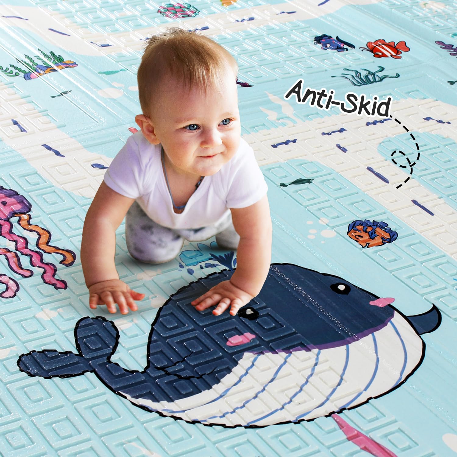 Intelliskills Premium Extra Large Reversible Play Mat for Babies,Learning&Crawling Foldable Baby Mat for Floor,Non-Toxic&Anti-Skid Play Mat,Waterproof,6.5x4.5 ft,0.6cm Thick(Jungle Animals&Ocean Life) 2