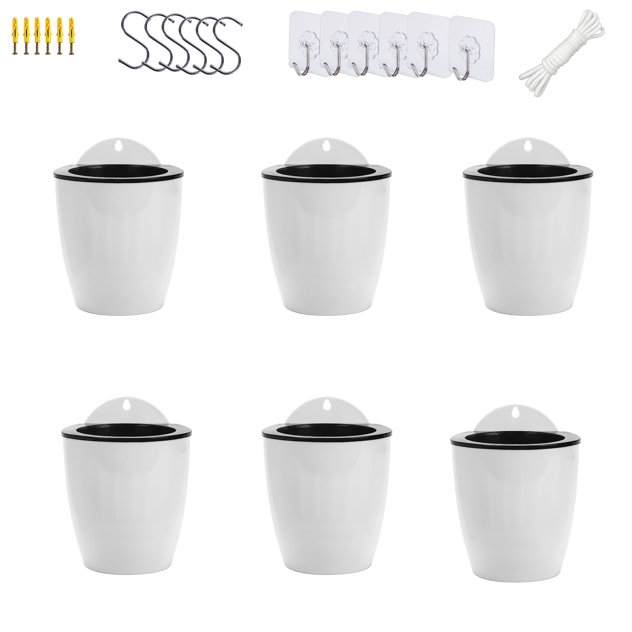 ORIMERC 6 Pack White Self Watering Wall Hanging Planter Pots Vertical Garden Window Mount Indoor Outdoor Plant Flower Basket Kitchen Herbs Balcony Railing Shelf Fence Bedroom Trellis Decor(Medium)