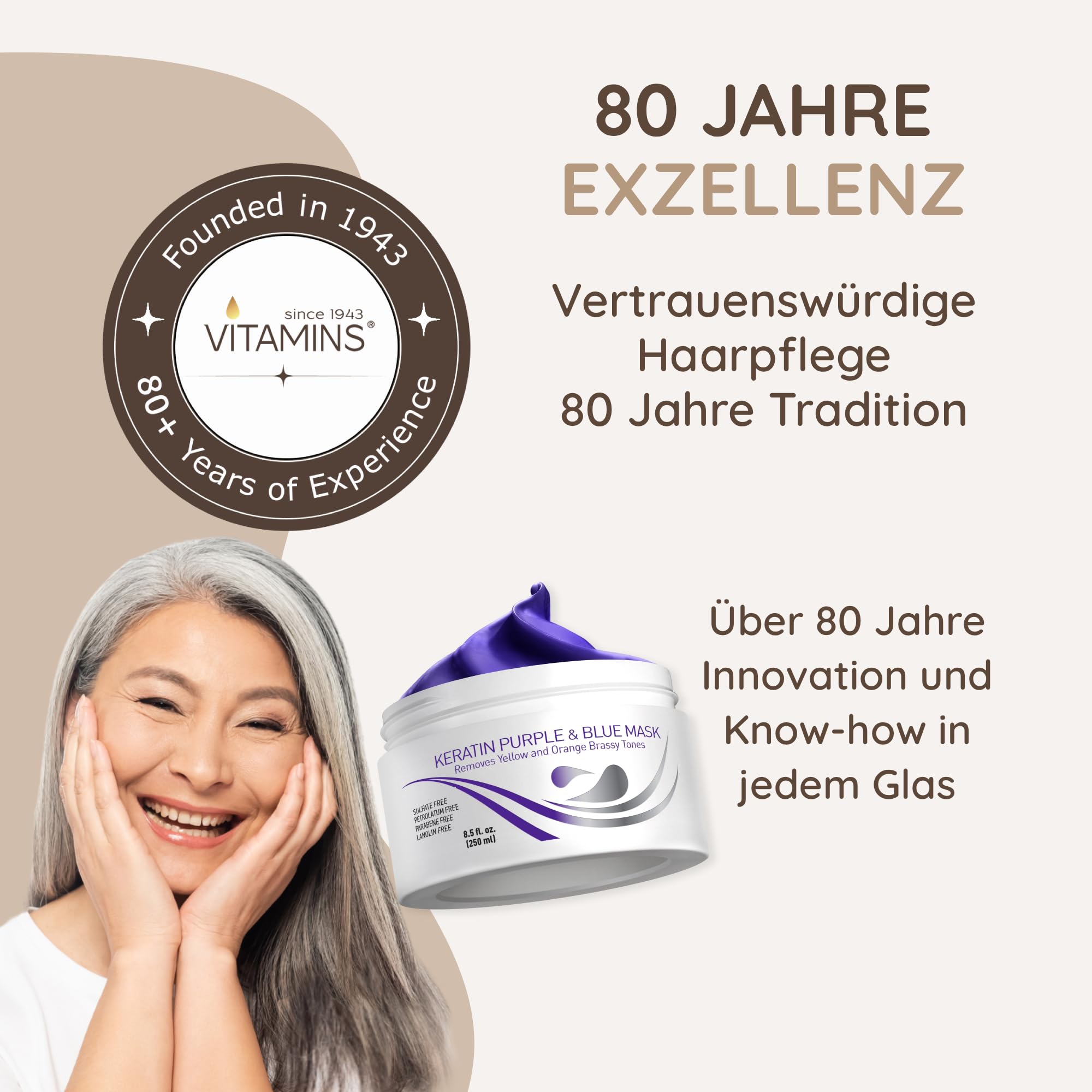 Vitamins Keratin Haarkur Silber Haar Maske - Shiny Hair Haarmaske für geschädigtes blondes blondiertes Haar - Toner Hair Mask Deep Conditioner für trockene Haare