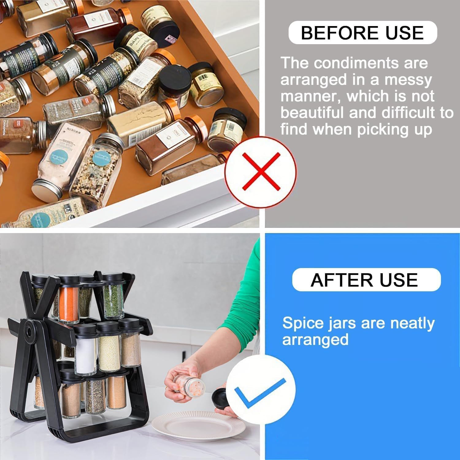 Organizador de especias giratorio de 360 grados, con rueda de la fortuna, estante para especias con 18 tarros de especias de cristal, organizador de especias para encimeras de cocina, armarios