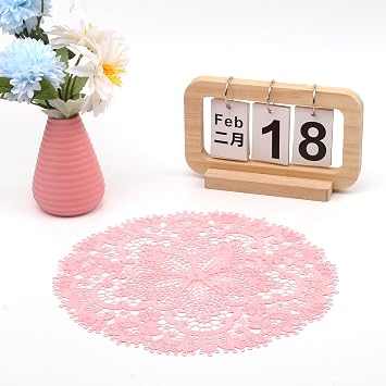 2 Pack Lace Placemats, 10.6 Inch Round Washable Embroidered Lace Doilies, Elegant Floral Table Mats for Dining Table, Home Decor, Wedding & Christmas PartyBright Pink