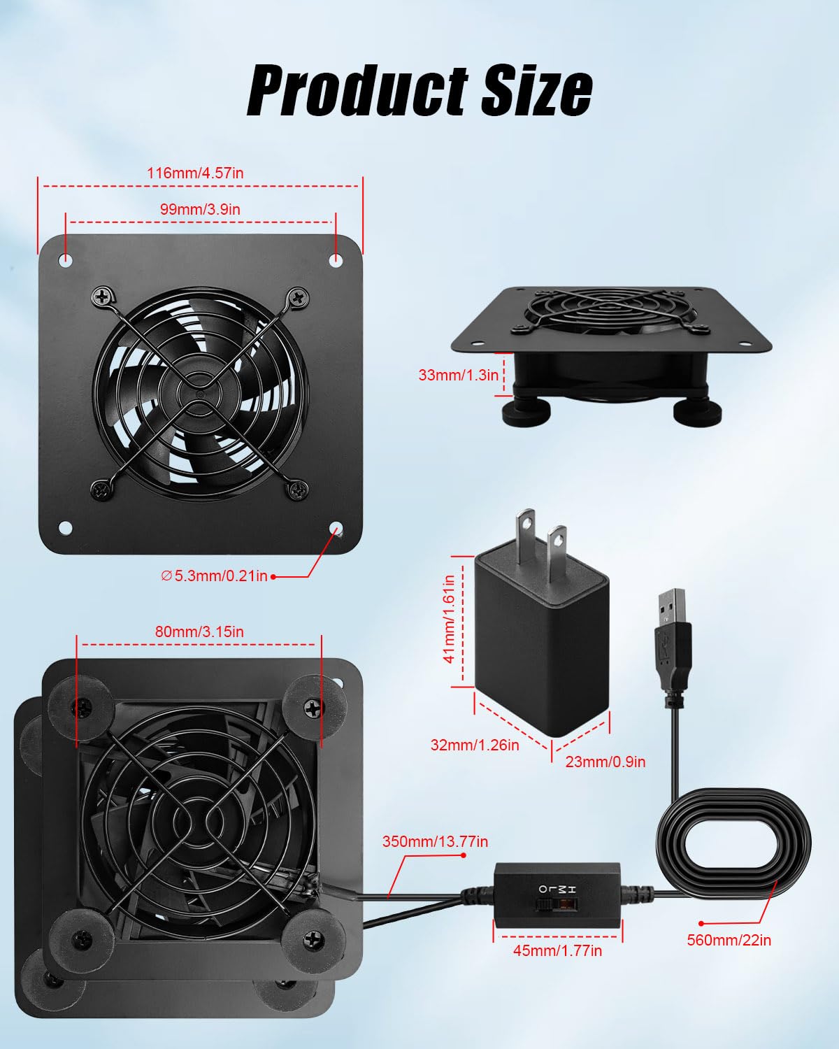 USB-Gehäuse, 80 mm, leises Lüftersystem mit Geschwindigkeitsregelung, Metall, 10,2 cm, USB-betriebener AV-Schrankventilator für Heimkino, Spielkonsole, Netzwerkschrank, leiser Betrieb (2 Lüfter-Set)