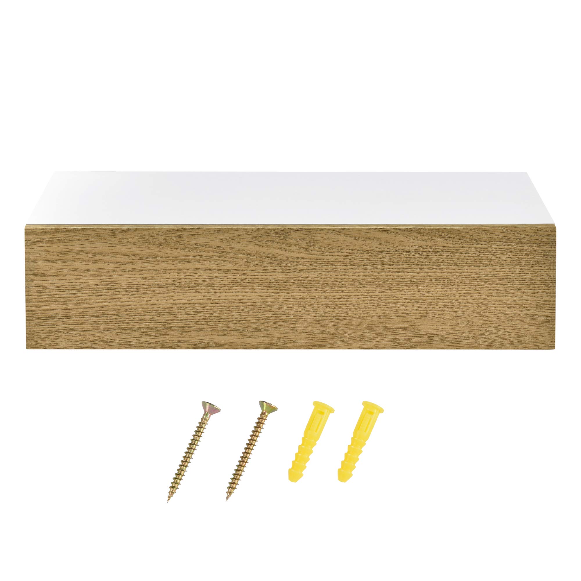 Mensola Da Parete Con Cassetto Integrato - Comodino Sospeso Salvaspazio 50x24x12 Cm, Bianco Con Frontale Effetto Legno, Carico 15kg, Per Soggiorno E Camera