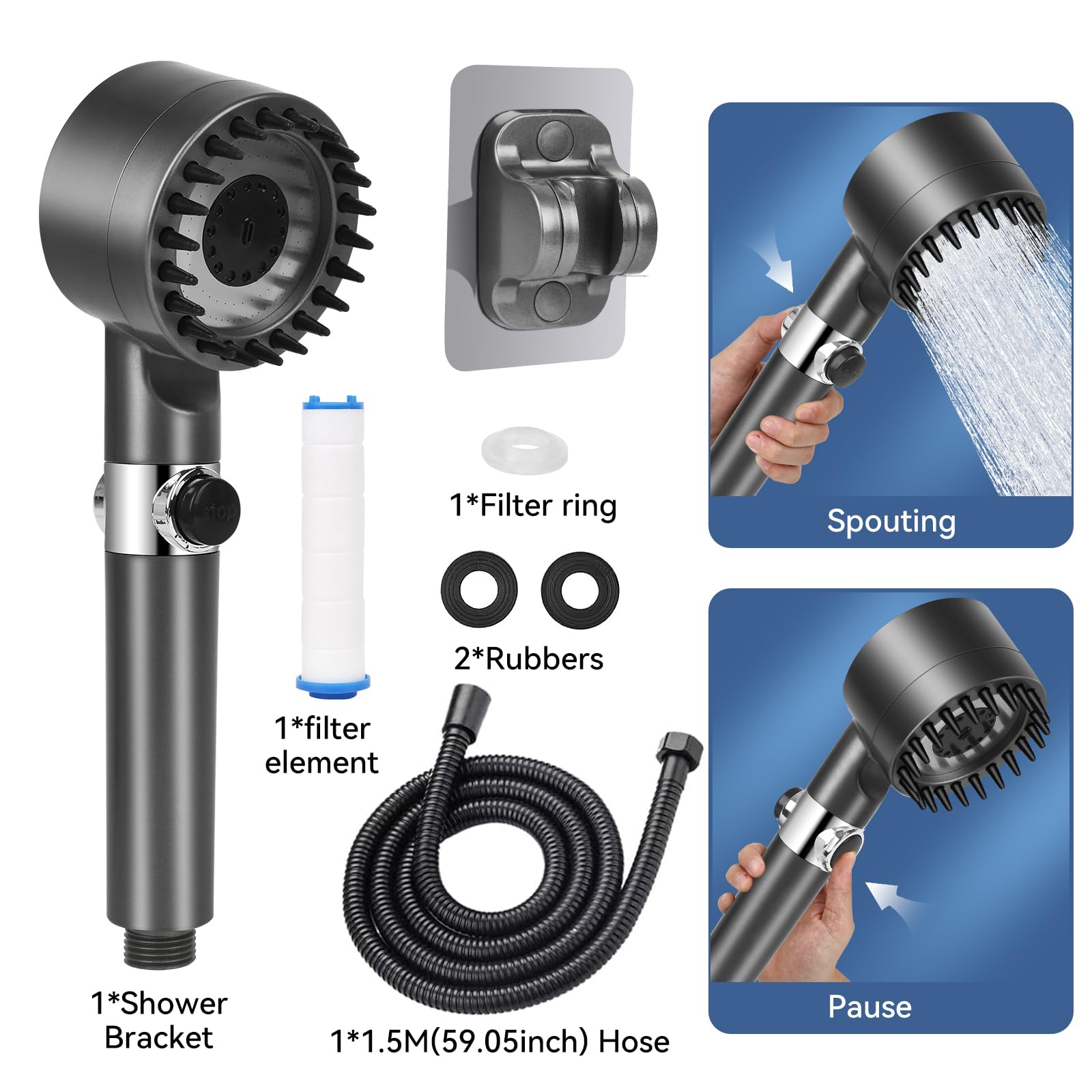 MWBJ MWBJFUT High Pressure Shower Head, Modern Square Handheld Shower Heads  - 3 Settings Detachable Shower Head with 59" Shower Hose and Shower Caddy,  Change Settings Much Easier Than The Twist Ones,