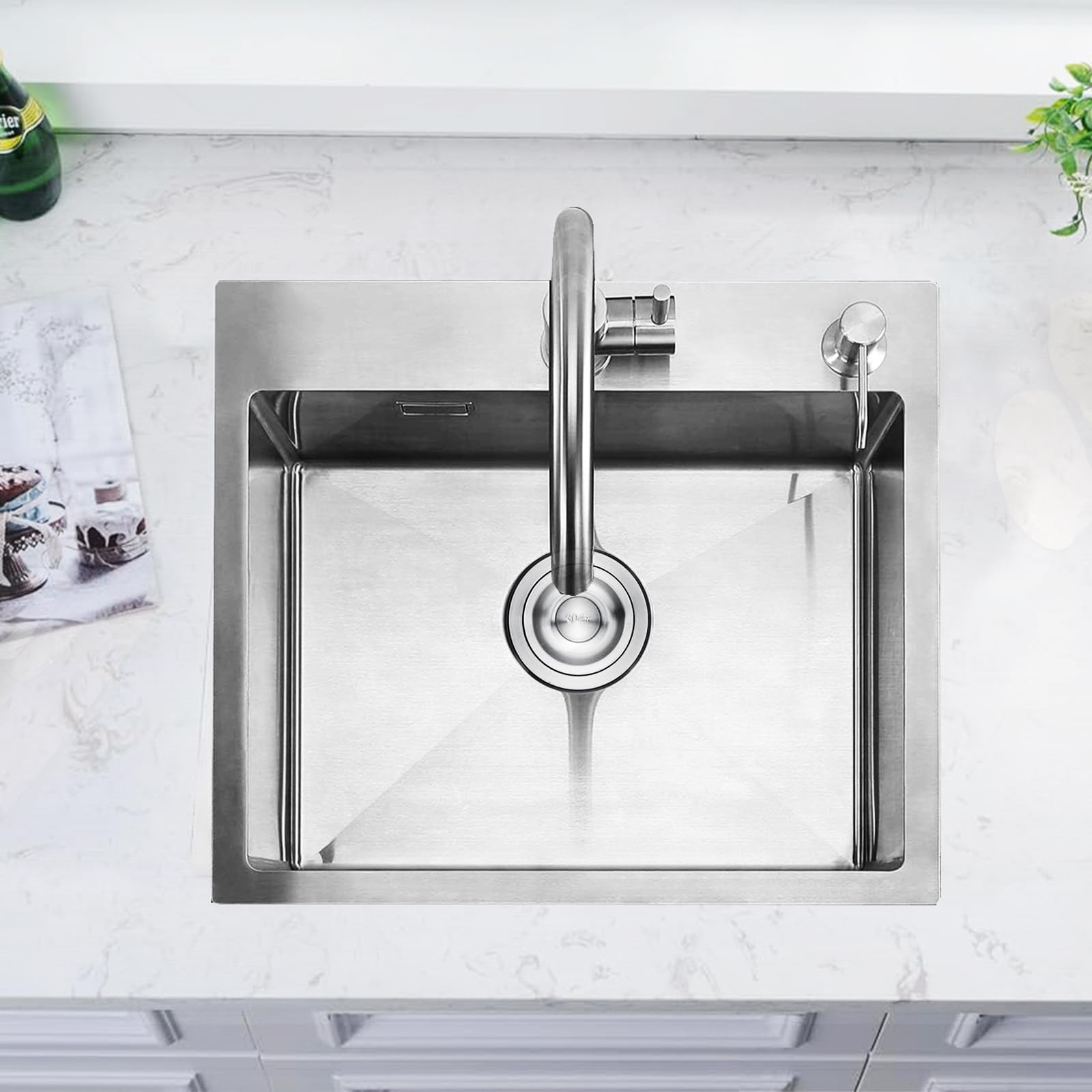 Bokaiya Lavello Cucina 1 Vasca, 55x45 cm, Lavandino Cucina in Acciaio Inox, Lavello da Esterno per Camper con Set di Drenaggio e 2 Fori di Preforato, Installazione a Sopratop o Filotop, Spazzolato