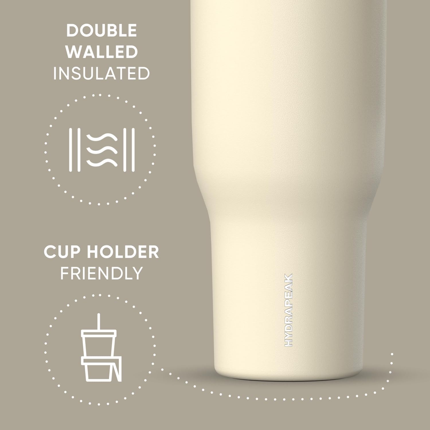 Hydrapeak Voyager 40 Oz Stainless Steel Tumbler with Handle, Insulated Water Bottle With Straw & Lid, Cupholder Friendly Reusable Travel Mug (Modern Cream) - Image 3