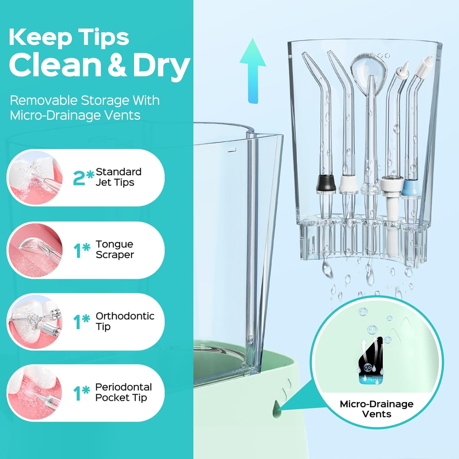COSLUS E2 Excellent Water Flosser for Teeth Cleaning: 12 Pressure Settings & 2 Modes for Orthodontic, Braces, Sensitive - Patented Storage, 5 Jet Tips and 600ML Tank for Family, Home Use, Green