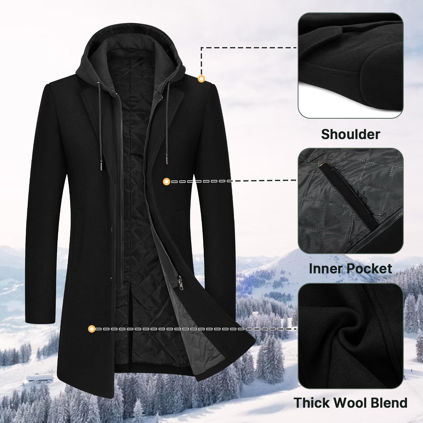Cappotto da uomo in lana con cappuccio rimovibile e caldo, lungo trench, per l'inverno, capanna parka da uomo, slim fit, Nero , XS