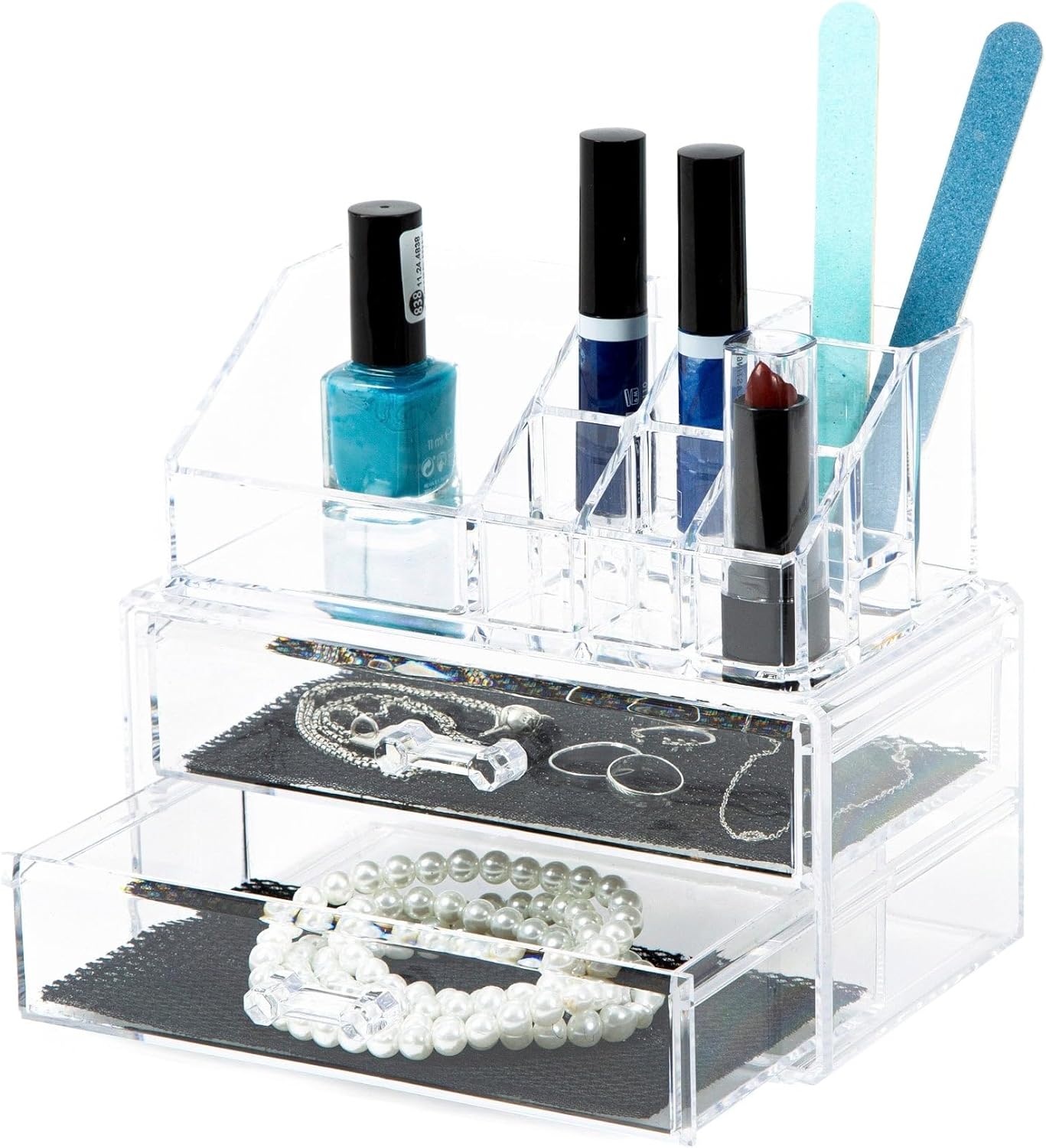 Compactor Make-up and Jewellery Storage Box, With 2 Drawers, Transparent, Polystyrene, Fabric Lining, 18.8 x 11.7 x H. 15.8 cm, RAN5048