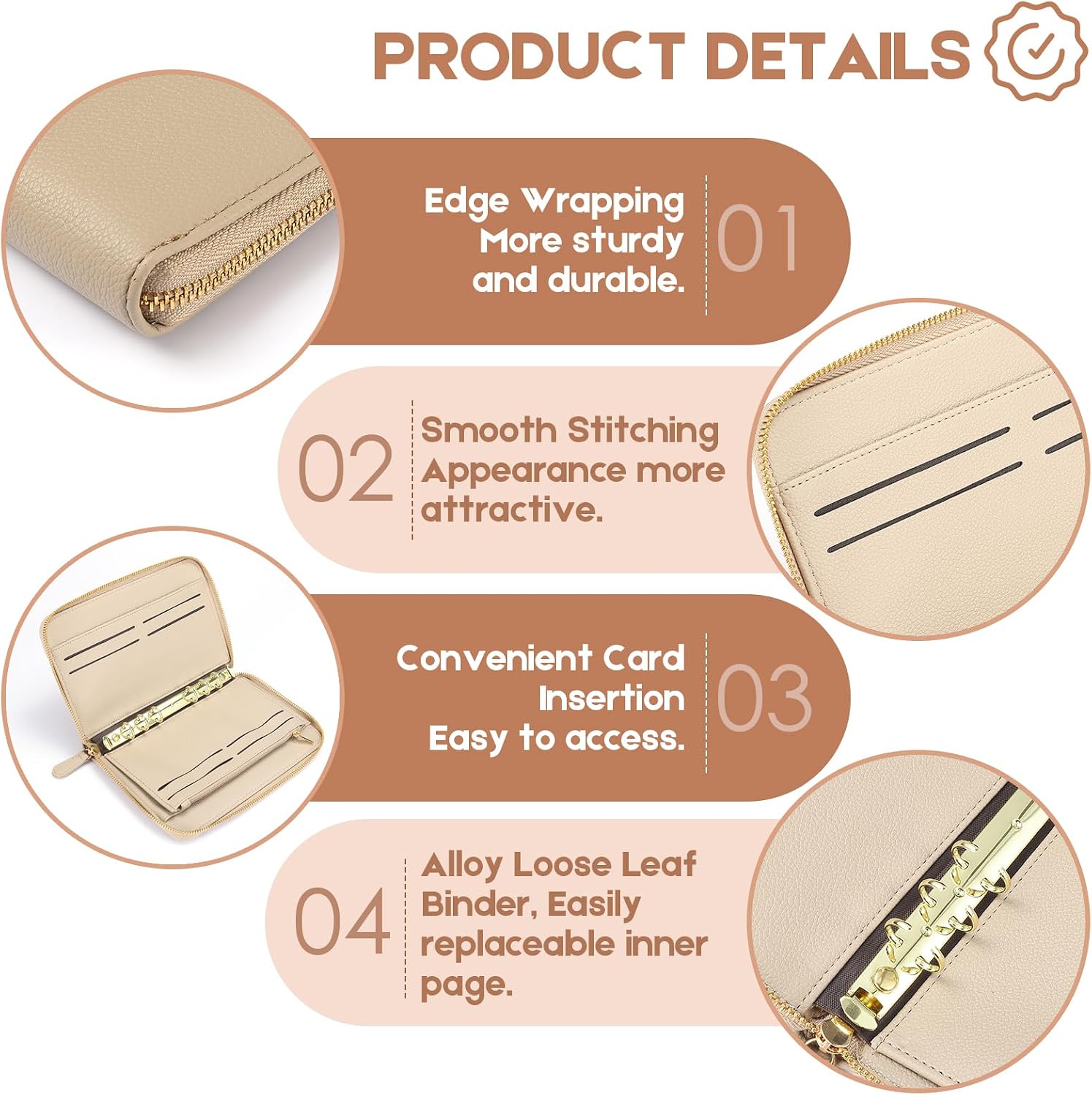 SEEKIND A6 Budget Binder, Money Saving Binder with Zipper Envelopes, PU Leather Wallet Budget Planner,Cash Envelopes and Expense Budget Sheets for Budgeting (Cream) image 4