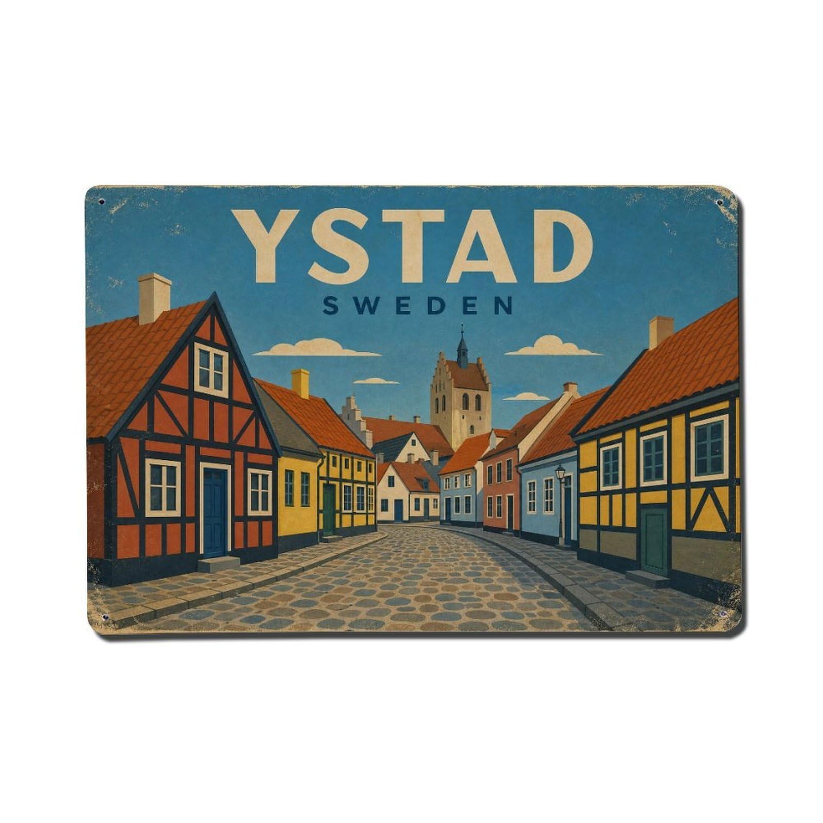 Vintage Travel Sweden Ystad Metal Tin Sign