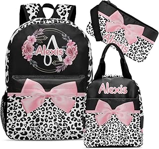 Anneunique Customized Leopard Print Pink Black Bow Backpacks Set with Name Multifunctional Series Pack 1Casual Pack +1Lunch Handbag +1Pencil Case