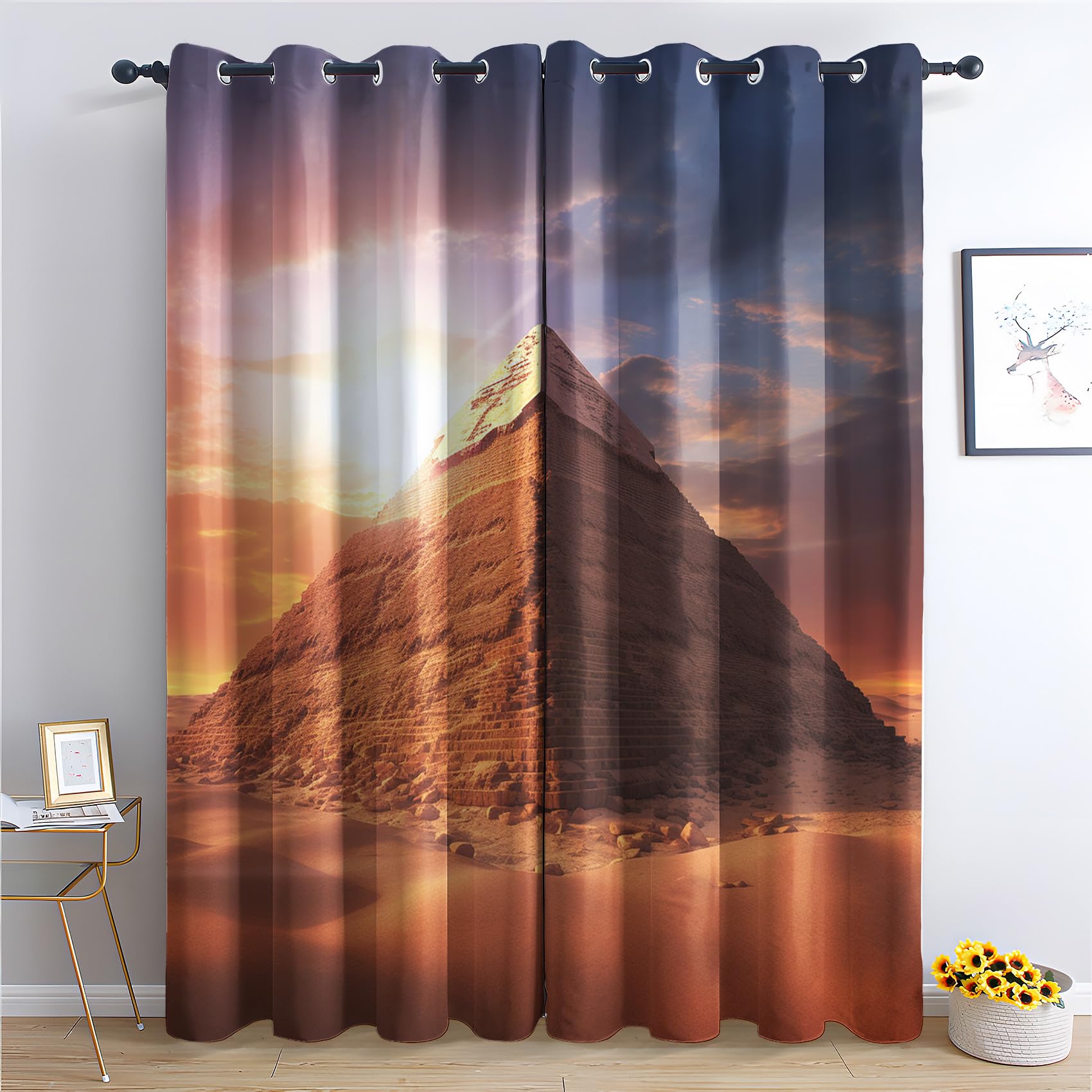 Phtbz Egyptian Blackout Curtains for Bedroom Living Room, Pyramid Curtains & Home Decor, Ancient Egypt Window Curtains, Thermal Room Darkening Grommet