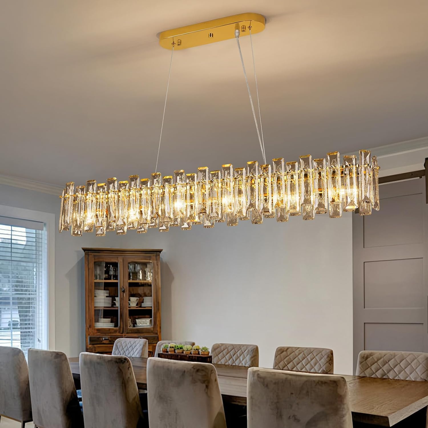 Modern Luxury Rectangular K9 Crystal Chandelier for Dining Room Living Room Kitchen Island Entryway Foyer L43 Easy Install Adjustable Hight 6-Light Ceiling Hanging Light Fixture Gold Rectangular 43 In Gold