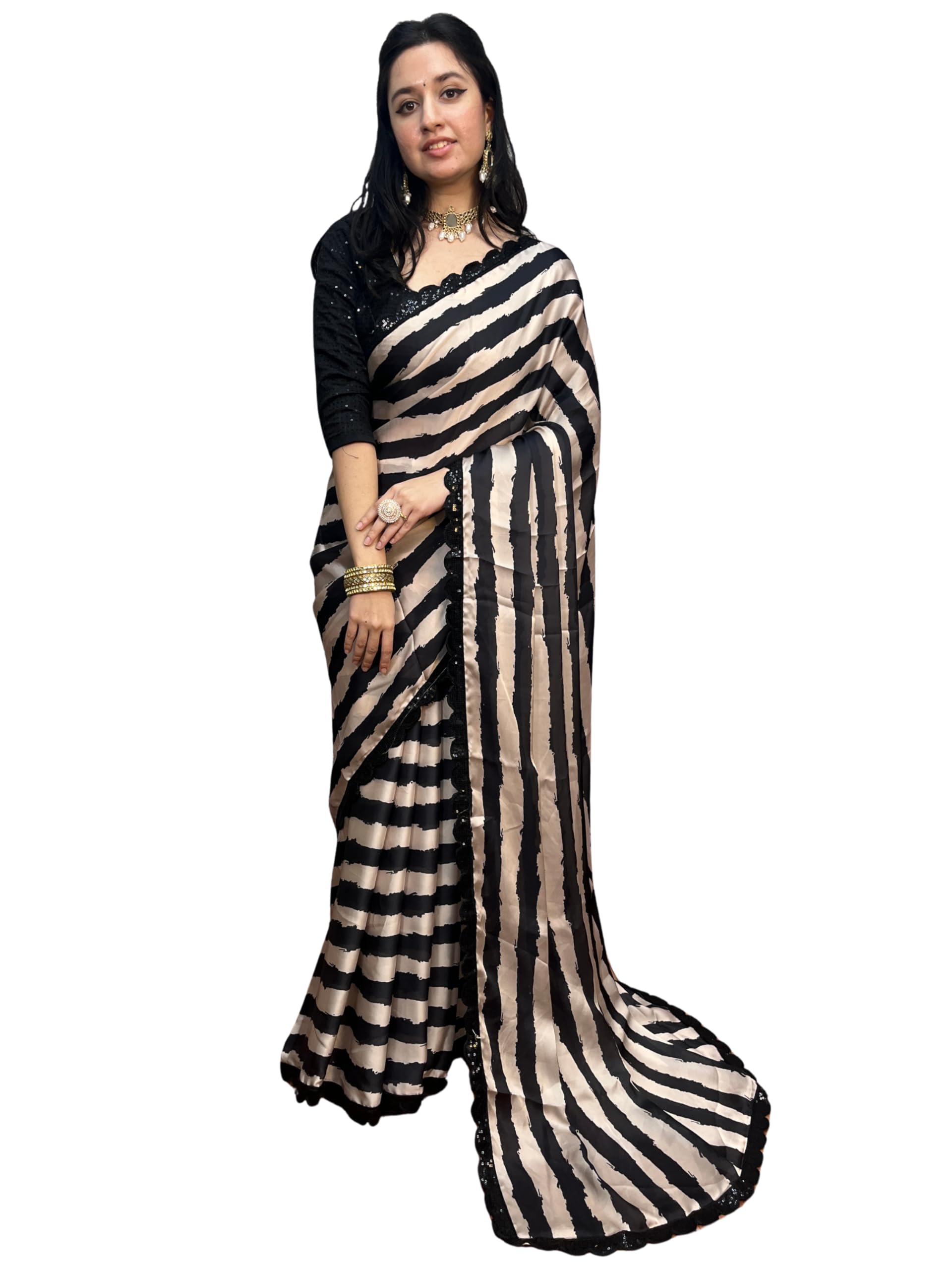 Off White Satin Georgette Floral Digital Print Saree for Women with Sequin Embroidered Border, Bollywood Style Party & Wedding Designer Saree with Unstitched Blouse Piece-image-27