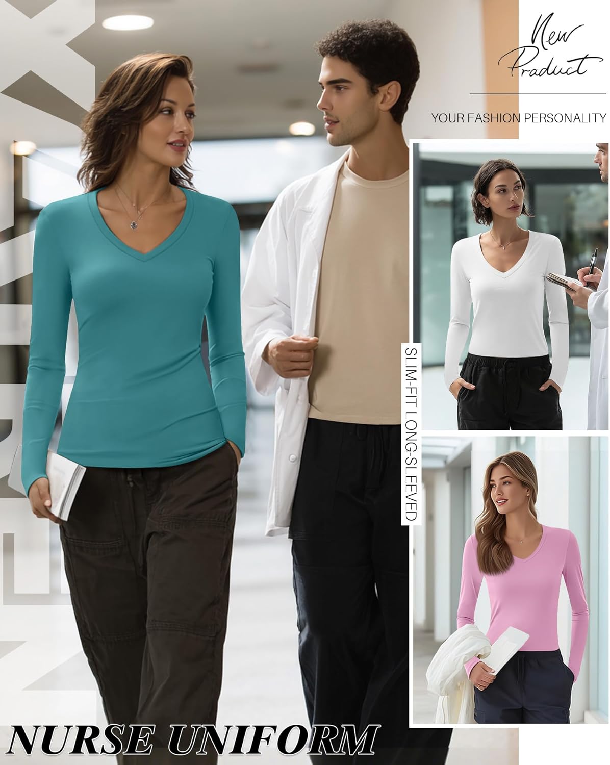 Xaatren 4 Pack Women's Under Scrubs Long Sleeve V Neck Shirts Slim Fit Stretchy Undershirt Basic Casual Tops for Nurse