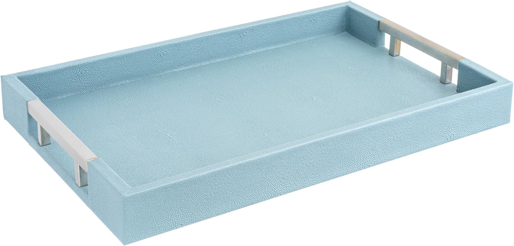 Modern Elegant 18"x12" Rectangle Light Baby Blue Glossy Shagreen Decorative Ottoman Coffee Table Perfume Living Room Kitchen Serving Tray with Silver Metal Handles for All Occasion's