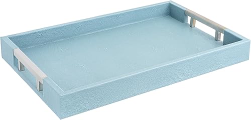 Moderna y elegante bandeja rectangular de 17.5 x 12 pulgadas, estilo shagreen, color azul bebé claro, con aspecto de cuero falso, decoración para