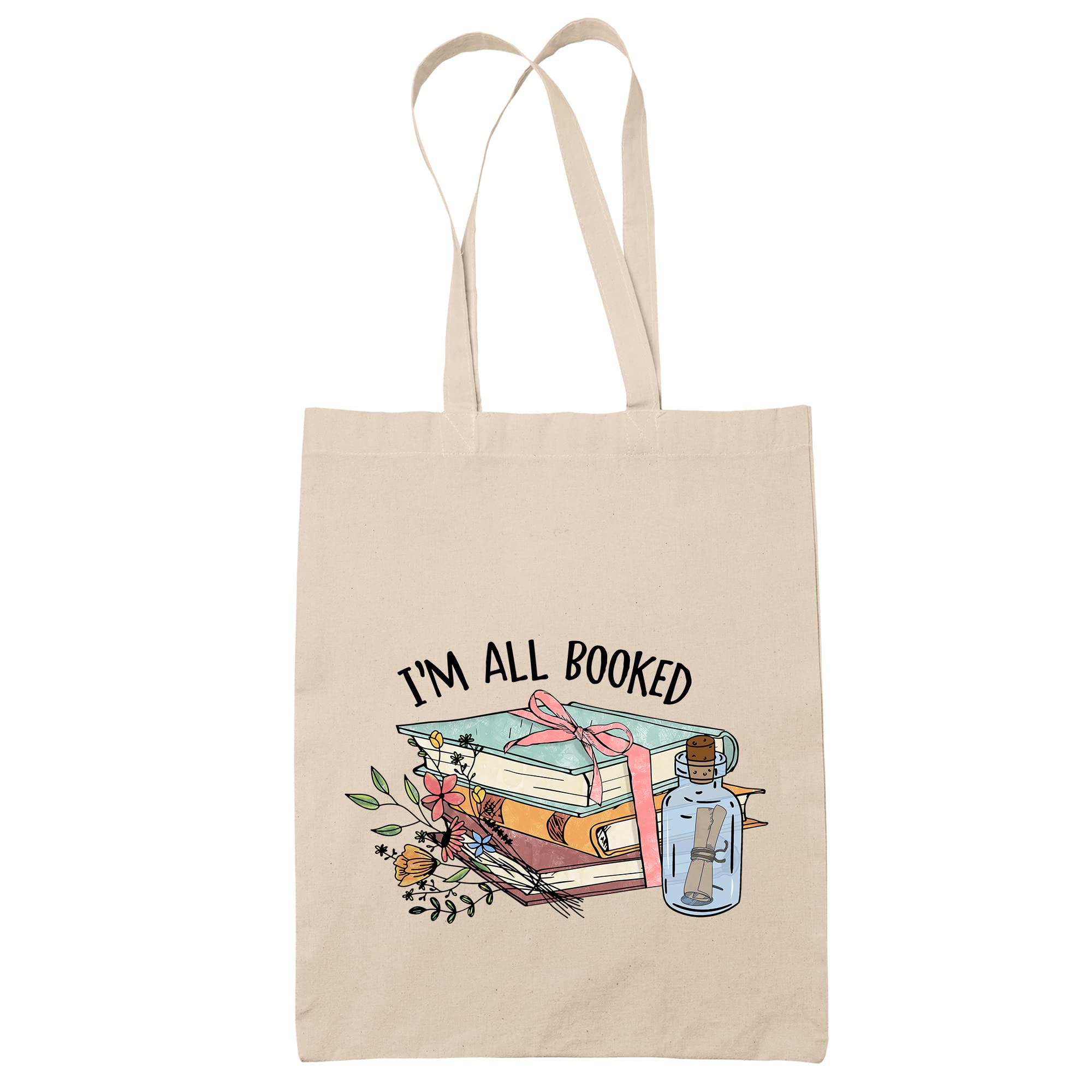 Faithful Prints I'm All Booked Tote Bag | 100% Cotton Shopping Bag for Book Lovers | Christmas, Birthday Present | One Size Natural