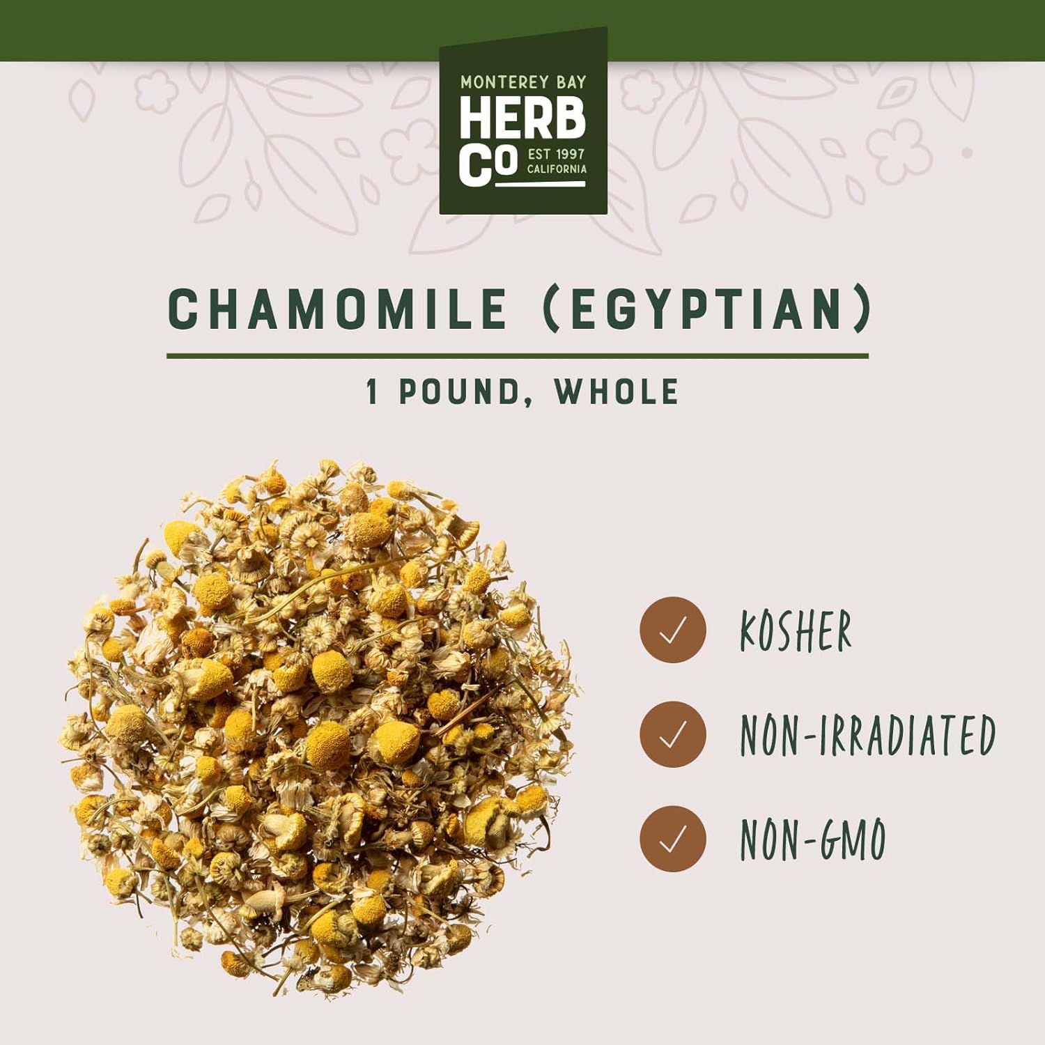 Egyptian Chamomile Whole Flowers, by Herb Co, Premium Matricaria Recutita, Mildly Scented with Apple-Like Flavor, 1 lb