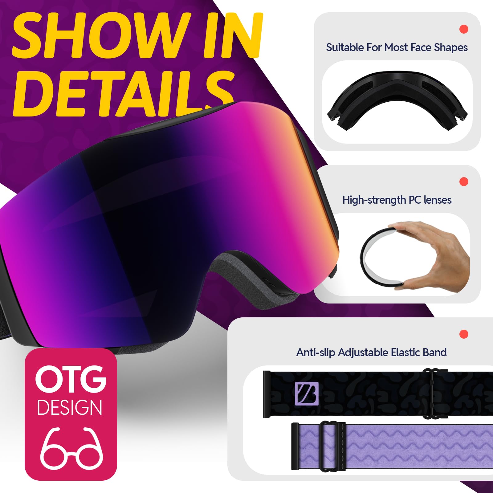 JUBAO Gafas de esquí abatibles para hombres y mujeres, antivaho, magnéticas, OTG, para nieve, snowboard, para desempañamiento instantáneo, protección UV400