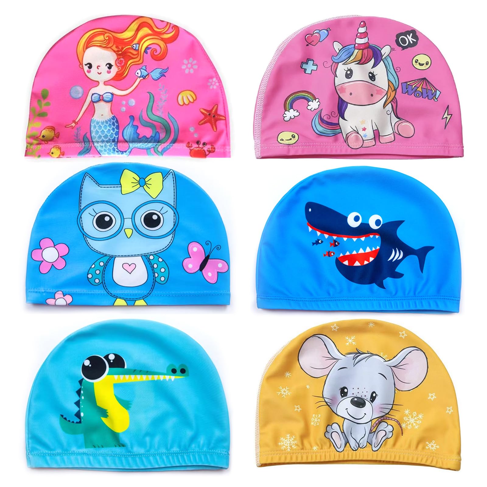 Saijer Gorro Piscina Niño, 6 Piezas Gorro Natacion Niña Niño Gorros Natación de Niños Lindos Dibujos Animados Gorro Piscina Bebe Gorro de Baño de Poliéster Elástico para Cabello Largo Corto Unicornio