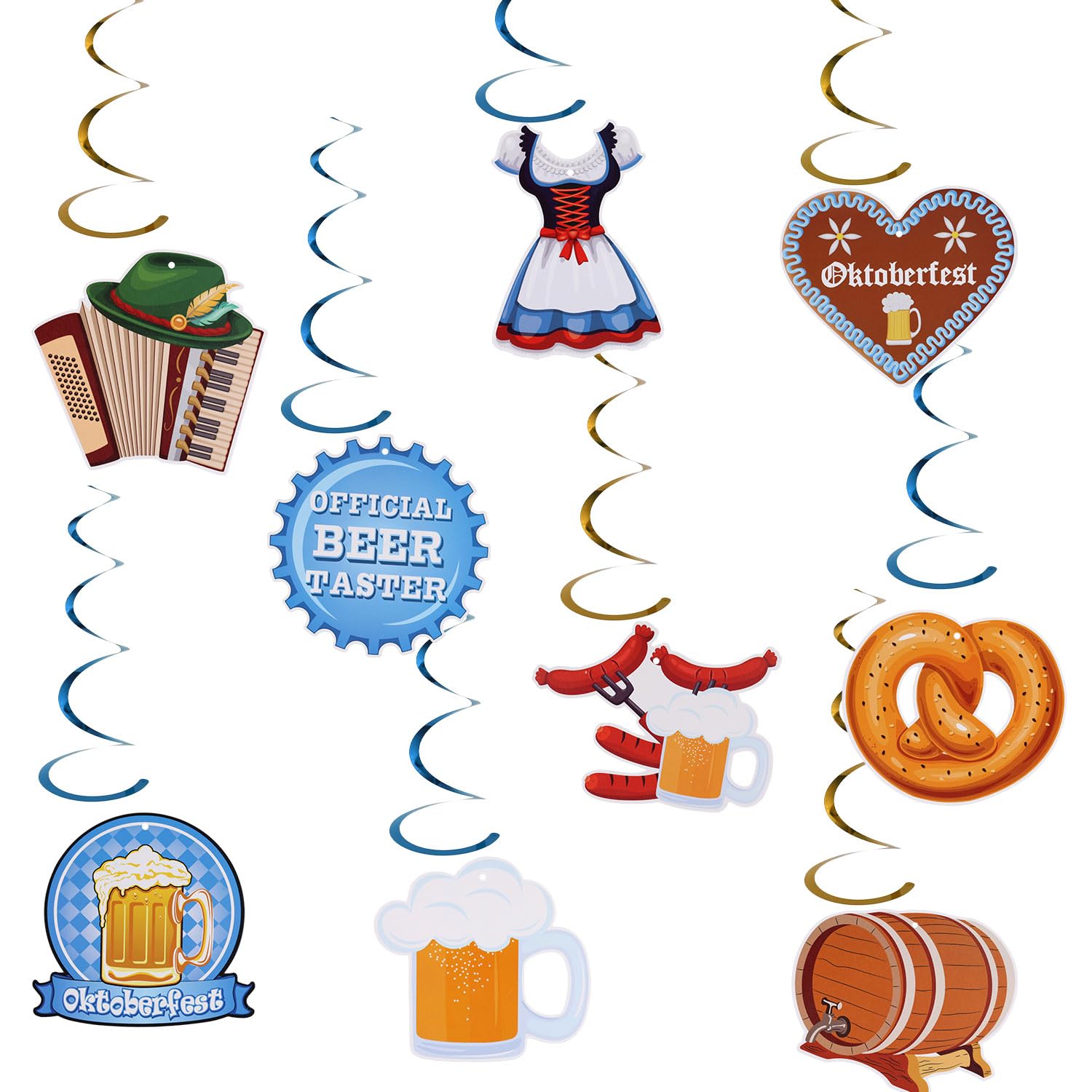 9pcs Oktoberfest Decoration, Beer Festival Pre-Assembled Hanging Paper Swirl Spiral Streamers Bavarian Bunting Banner German Party Beer Bread Sausage Accordion Decor for Beerfest