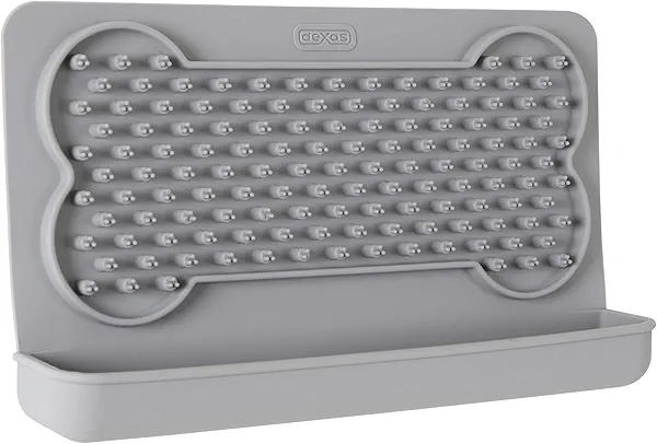 Dexas Snack & Distract Licking Mat with Catch Tray for Dogs and Cats-9.5"x 5.5", Light Gray. Sticks to Most Slick or Smooth Surfaces. Eases Anxiety, Prevents Boredom, Entertains and Distracts.