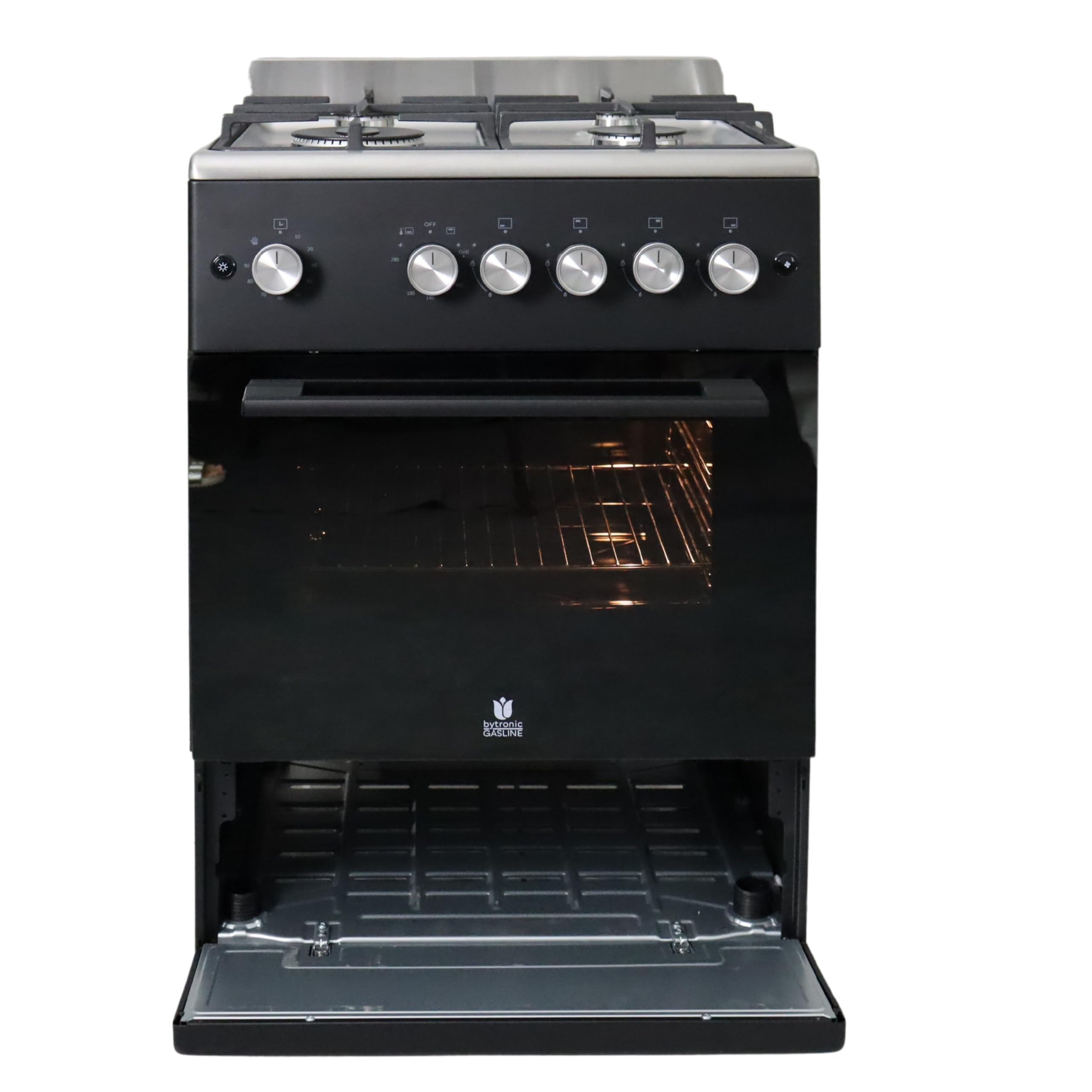 Gasline SHGG6060FGWB Gasstandherd Gaskochfeld WOK Brenner Gasbackofen mit Thermostat Grill Timer 60 cm Edelstahl Schwarz Erdgas LPG
