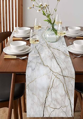 Miniatura 4 de Camino de mesa de mármol de lino de algodón de 108 pulgadas de largo, bufandas de tocador blanco gris dorado, textura para cocina, café, comedor,