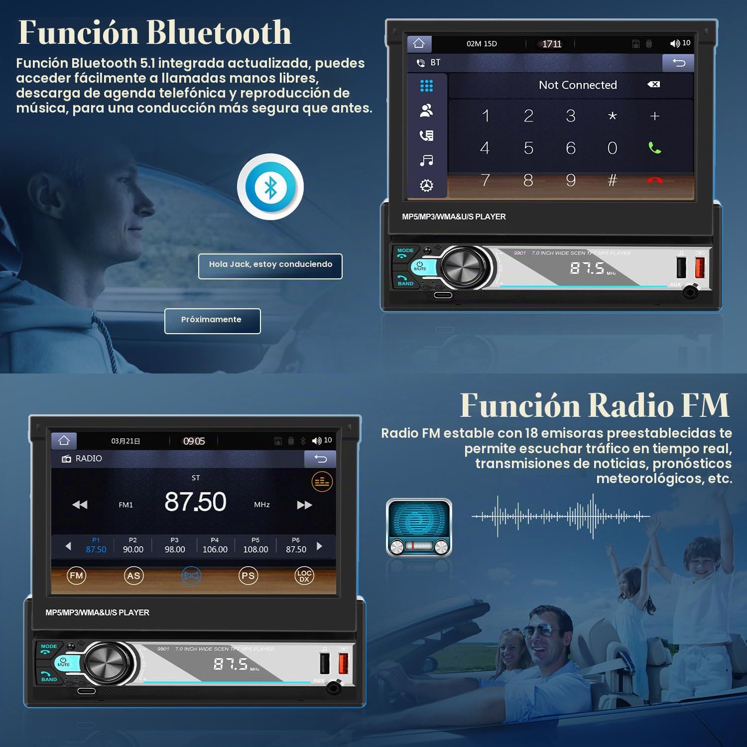 Hikity 7" 1 DIN CarPlay Radio Coche con Bluetooth FM Cámara Trasera | Pantalla Táctil Android Auto Wireless CarPlay Mirror Link EQ Control del Volante Manos Libres USB AUX