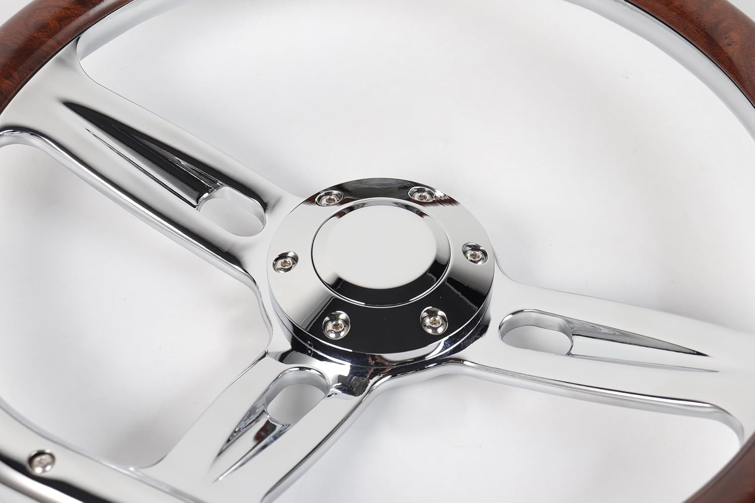 14" D-Shape Wood Grain ABS Steering Wheel with Chrome Spokes & Horn – 6-Bolt Half Wrap for Car, Truck, SUV, Racing (ABS Burlwood)