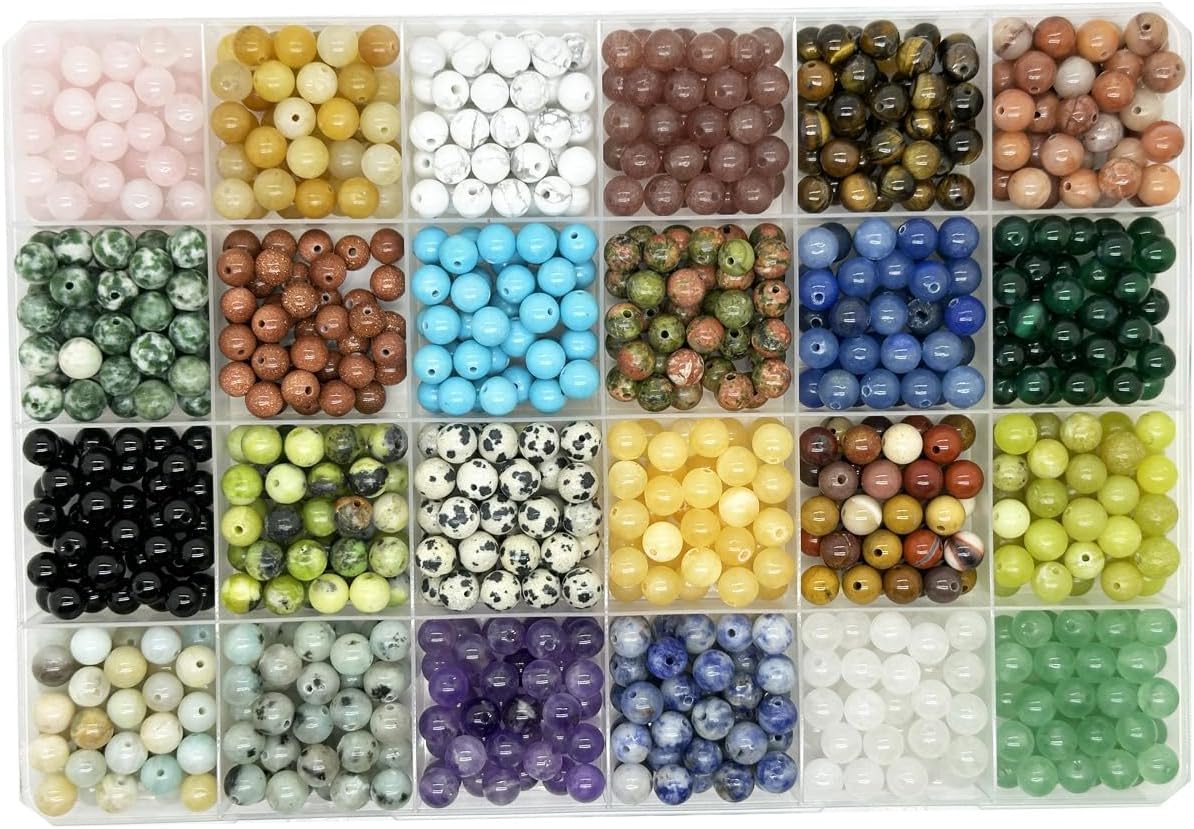 Yephac 960pcs 6mm Natural Stone Beads, Round Crystals Bead Genuine Real Stones, Gemstone Beads Kit Charms for Bracelets Jewelry Making,Box Packed(24 Colors,6mm)