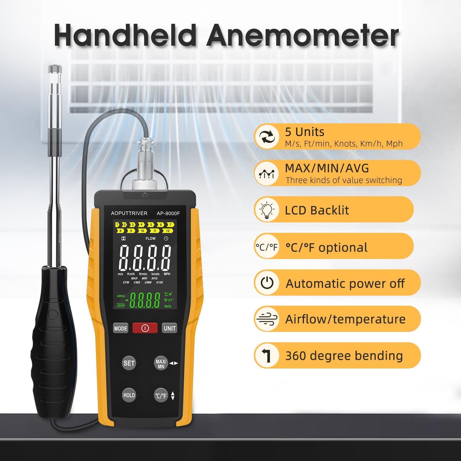 Anémomètre Portable, Anémomètre à fil Chaud pour CVC Avec Vitesse du Vent et Vitesse du Flux D'air 0,1-30 m/s CFM/CMM Débit D'air 0-999900 MAX/MIN/AVG Température et Rétroéclairage écran LCD AP-9000F