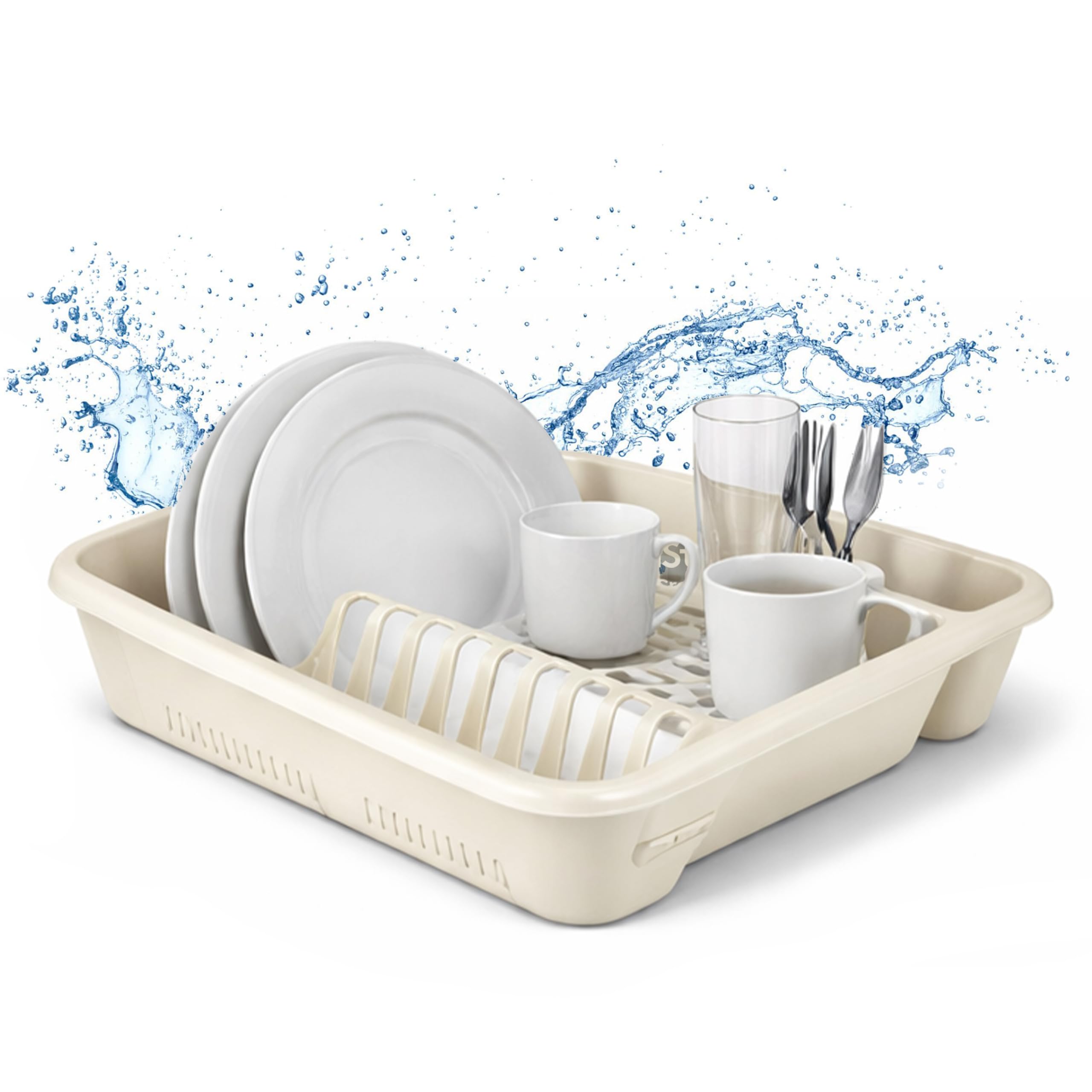 Ploutos World Wide Plastic Kitchen Sink Dish Drainer – Cutlery, Plate & Cup Drying Rack, Countertop Drainer Holder with Removable Cutlery Section, Durable Sink Drip Tray Organizer (Cream)