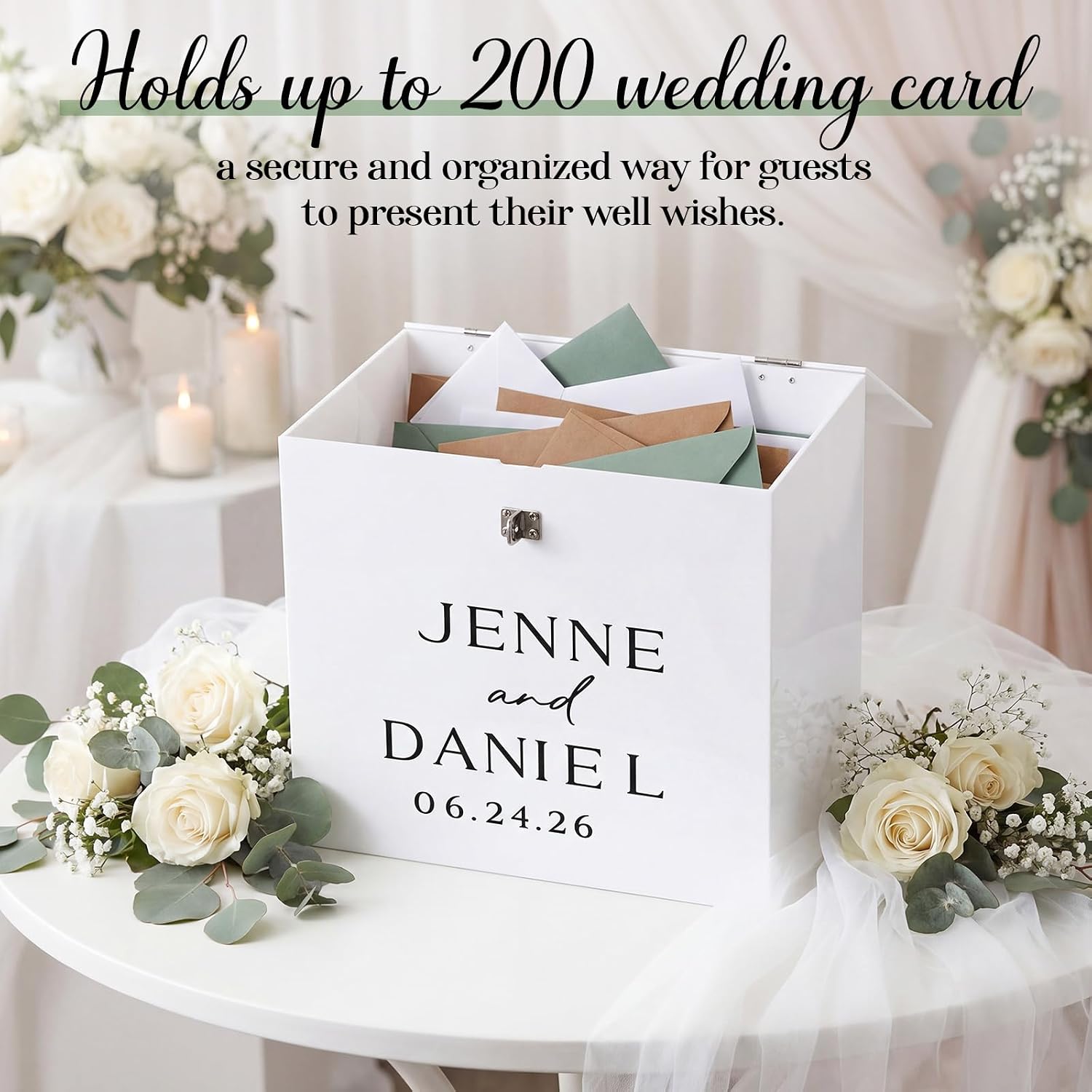 Novabright 10" Wedding Acrylic Card Box, White, Elegant Style