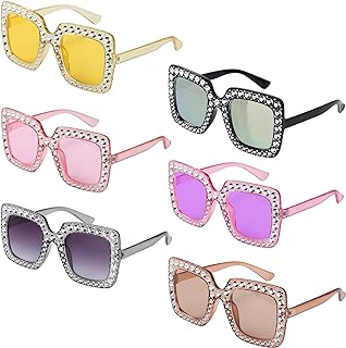6 Pairs Rhinestone Sunglasses, Bling Sparkling Sunglasses Rhinestone Sunglasses Square Fashion Thick Frame Crystal Sunglasses Oversized for Unisex Men Women Costume Dress Up