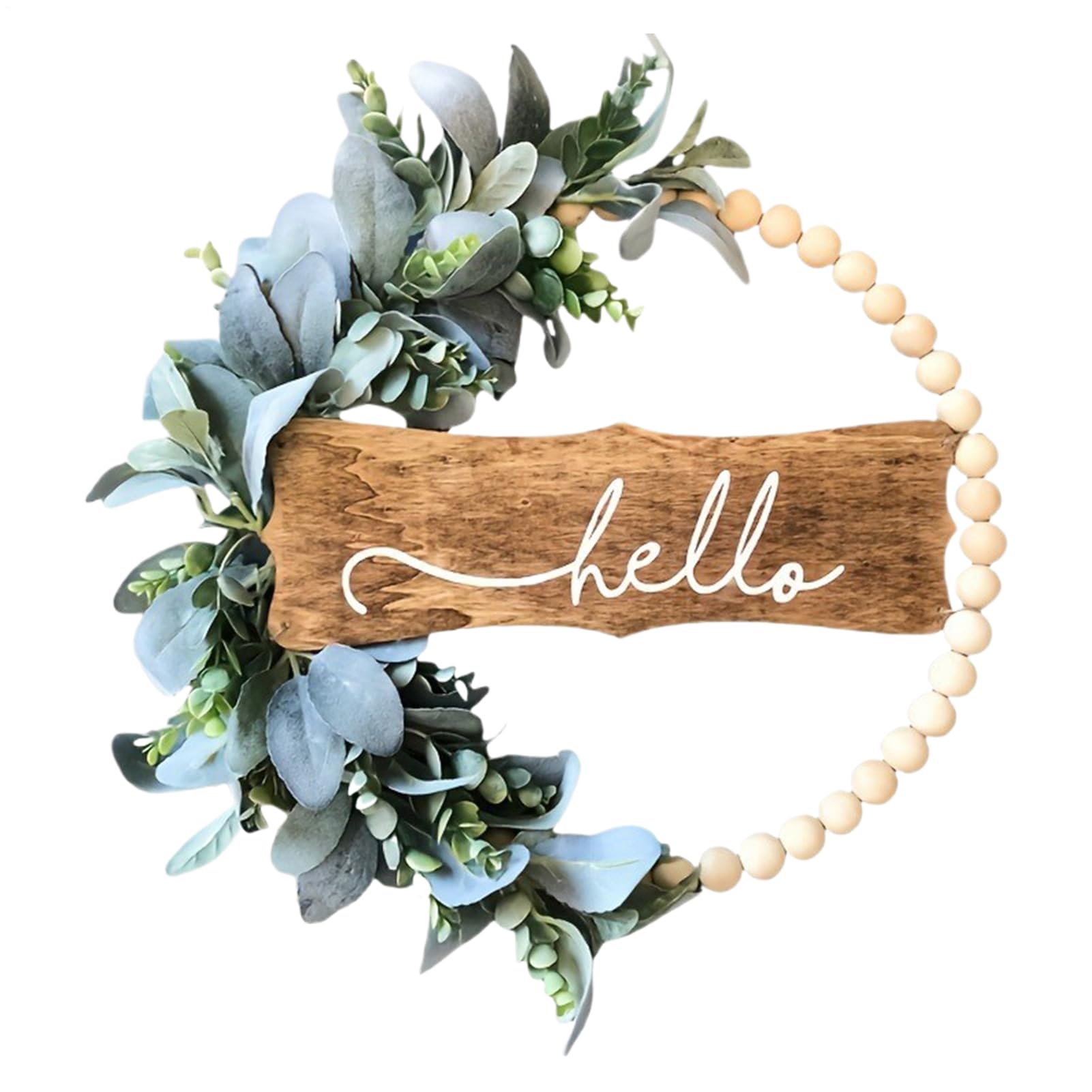 Simulation Wood Bead Eucalyptus Leaves Wreaths Greenery Front Door Sign Garland Rustic Hangable Farmhouse Home Greenery Indoor Outdoor Wall Decorations