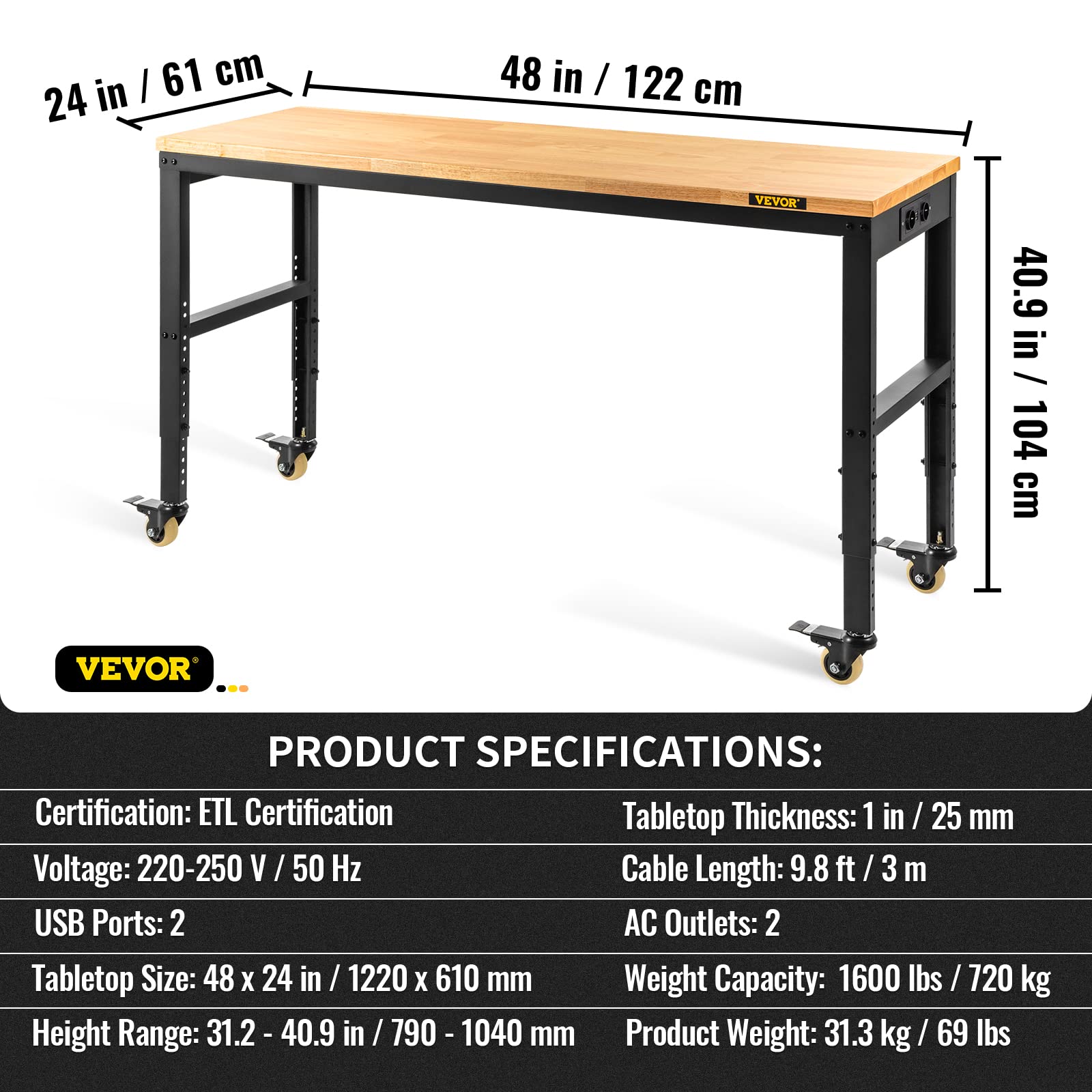 VEVOR Stół warsztatowy z regulacją wysokości, 122 cm dł. x 61 cm szer. x 104 cm wysokości, stół garażowy o wysokości 79-104 cm, pojemność 725,7 kg, z gniazdami i płytą z twardego drewna, metalową ramą