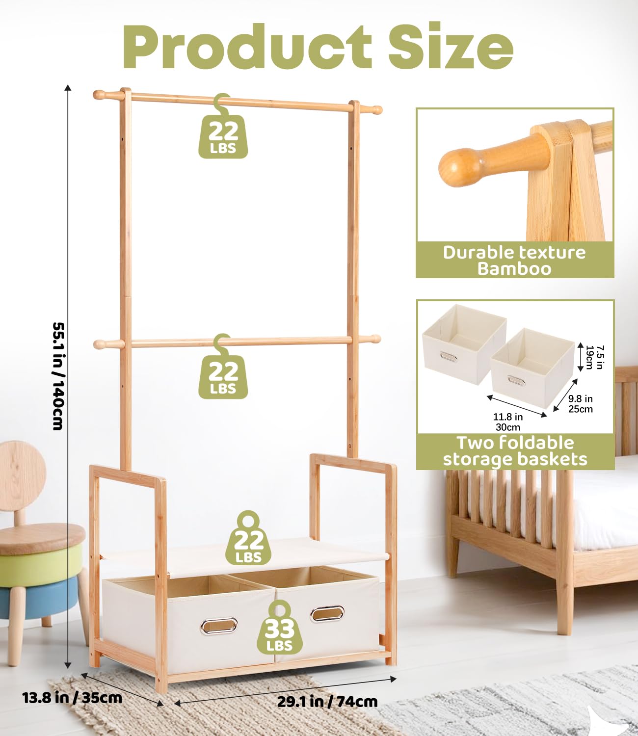 Bambus Kinder Kleiderständer, mit 2 Aufbewahrungskiste und 2 Verstellbaren Hängestangen, Kleiderstange & Ablage, Kinderzimmer, Kindergarderobe, für Baby Mädchen Jungs (Naturfarbe)