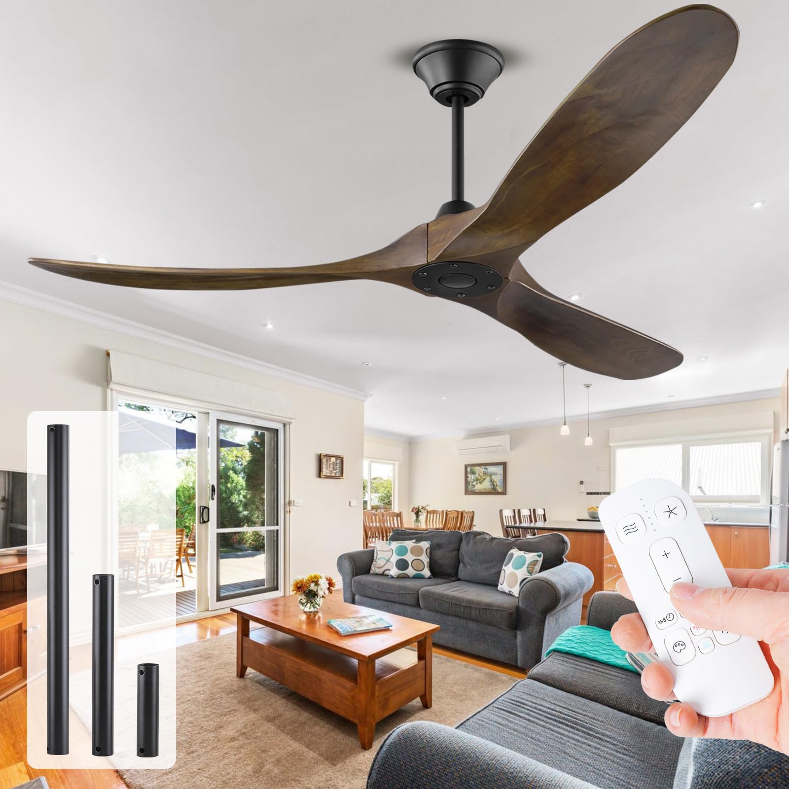 177cm Deckenventilator Groß ohne Licht, Deckenventilatoren Holz mit Fernbedienung, Deckenventilator Leise Schlafzimmer, 1/4/8 Timing, Speicherfunktion, DC Motor für Innen/Außen，Große Windmenge