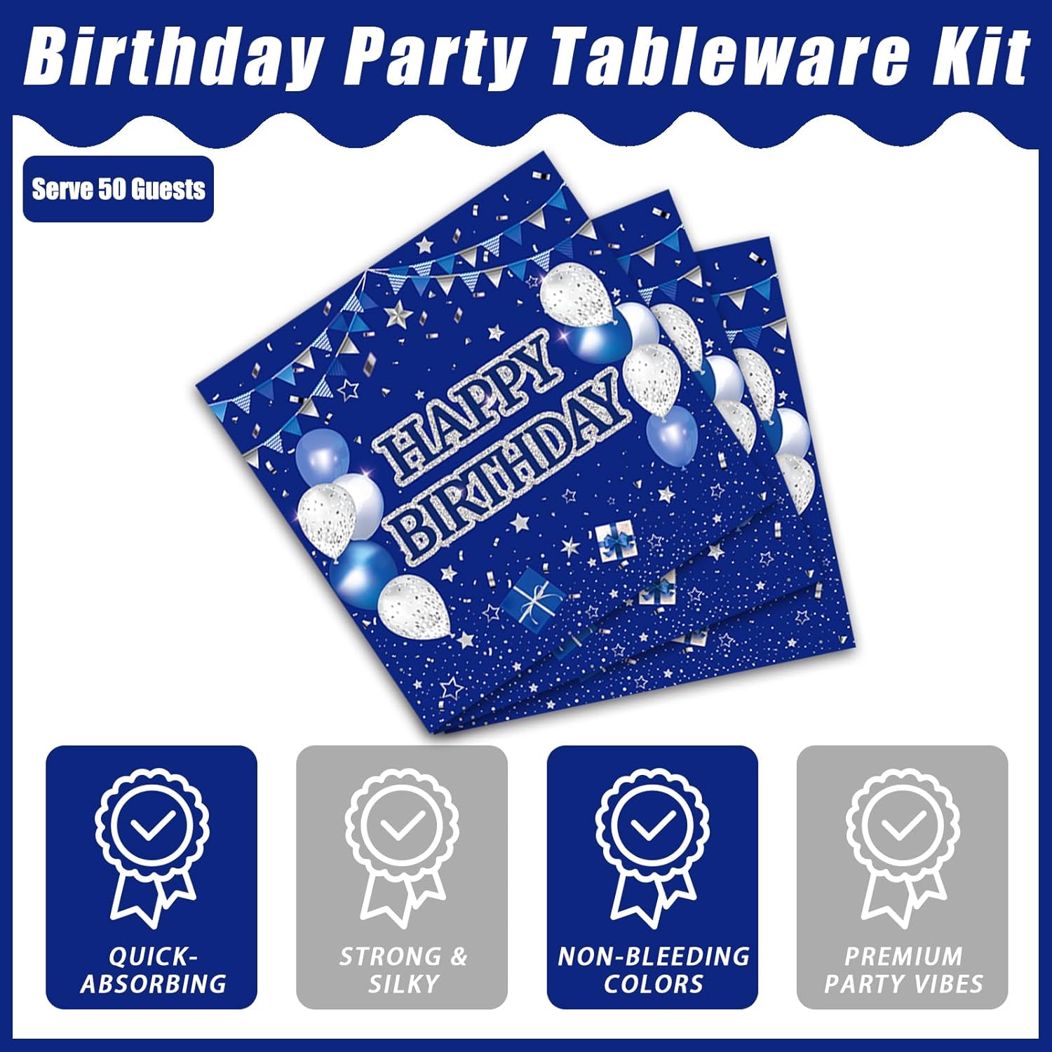 Kepeel 200Pcs Blue Birthday Party Tableware Set, Navy Blue and Silver Birthday Party Decorations Supplies for Men Women Party Dessert Plates Napkins Forks Favors, Serve 50