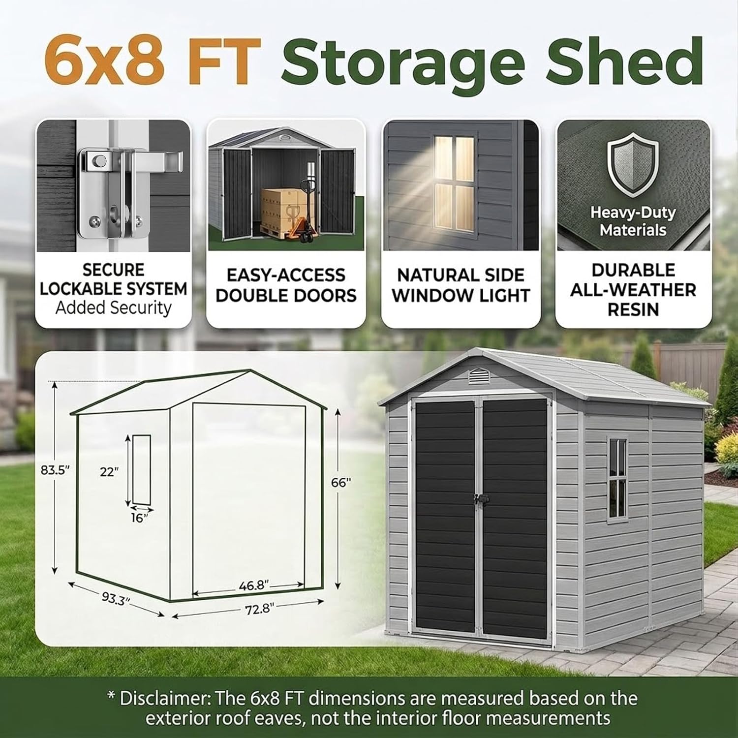 K Knowbody 8x6 FT Outdoor Storage Shed with Window, Resin Storage Shed with Floor & Lockable Doors, All-Weather Plastic Garden Tool Shed for Backyard Patio, Grey